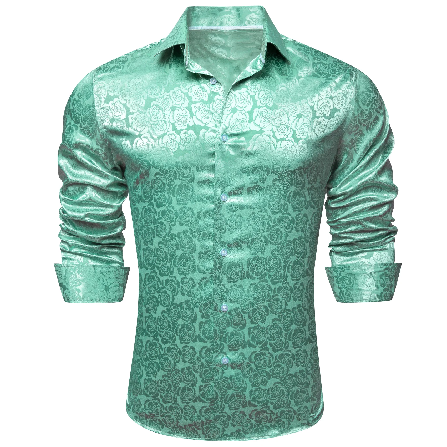 Mint Green Floral Rose Silk Men's Long Sleeve Shirt