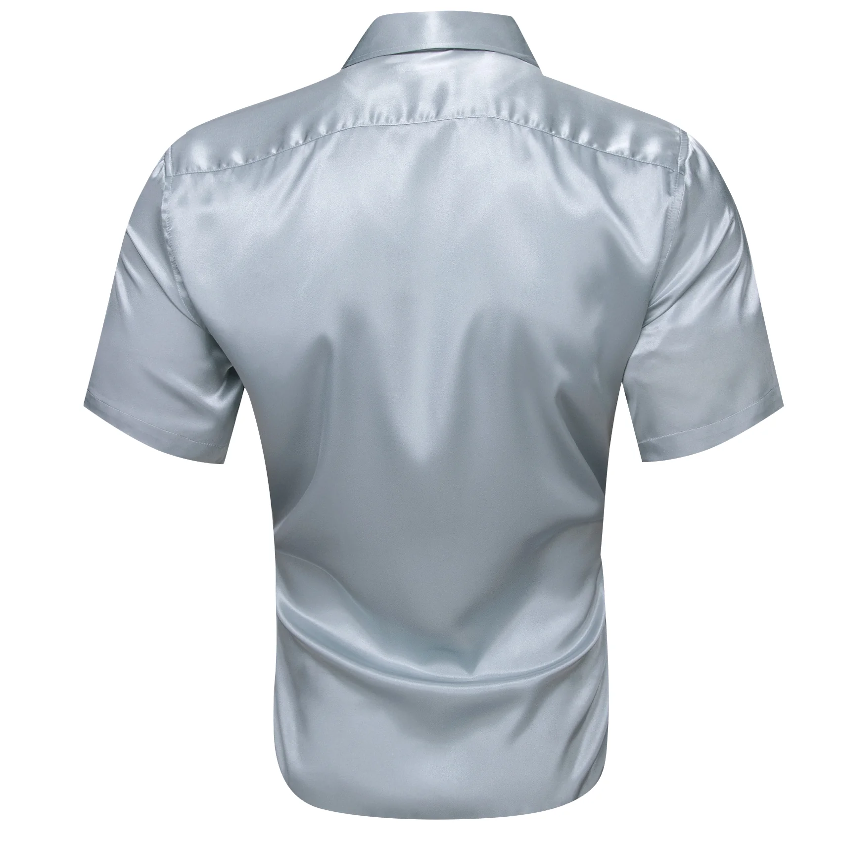 Silver Satin Solid Silk Men's Short Sleeve Shirt