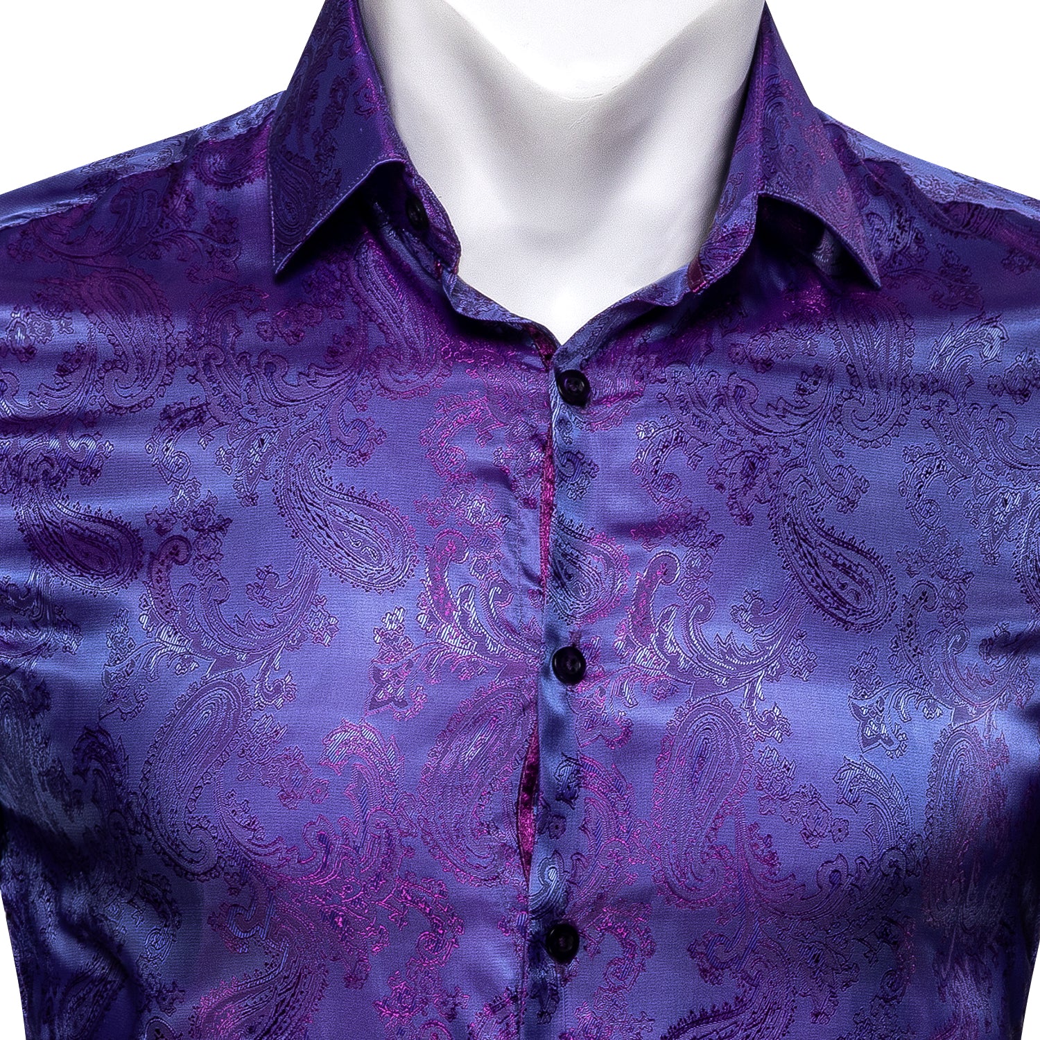 Shiny Blue Purple Paisley Pattern Silk Men's Long Sleeve Shirt