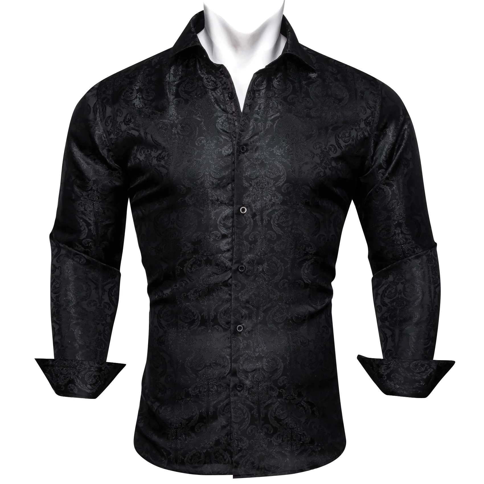 New Black Floral Pattern Silk Men's Long Sleeve Shirt