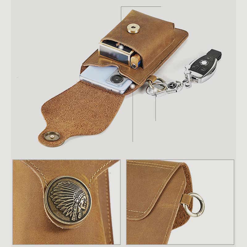 Vintage Leather Flip Phone Bag Belt Pouch with Cigarette Pocket