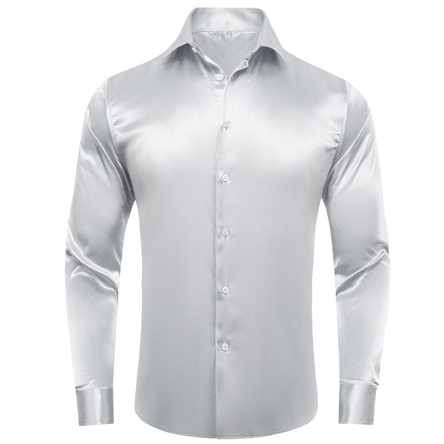 Silver Solid Satin Men's Long Sleeve Shirt