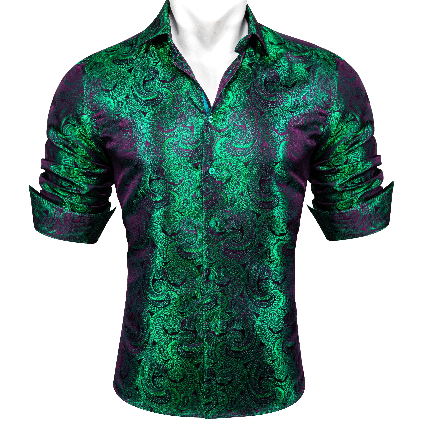 New Luxury Purple Green Gradient Paisley Pattern Silk Men's Long Sleeve Shirt