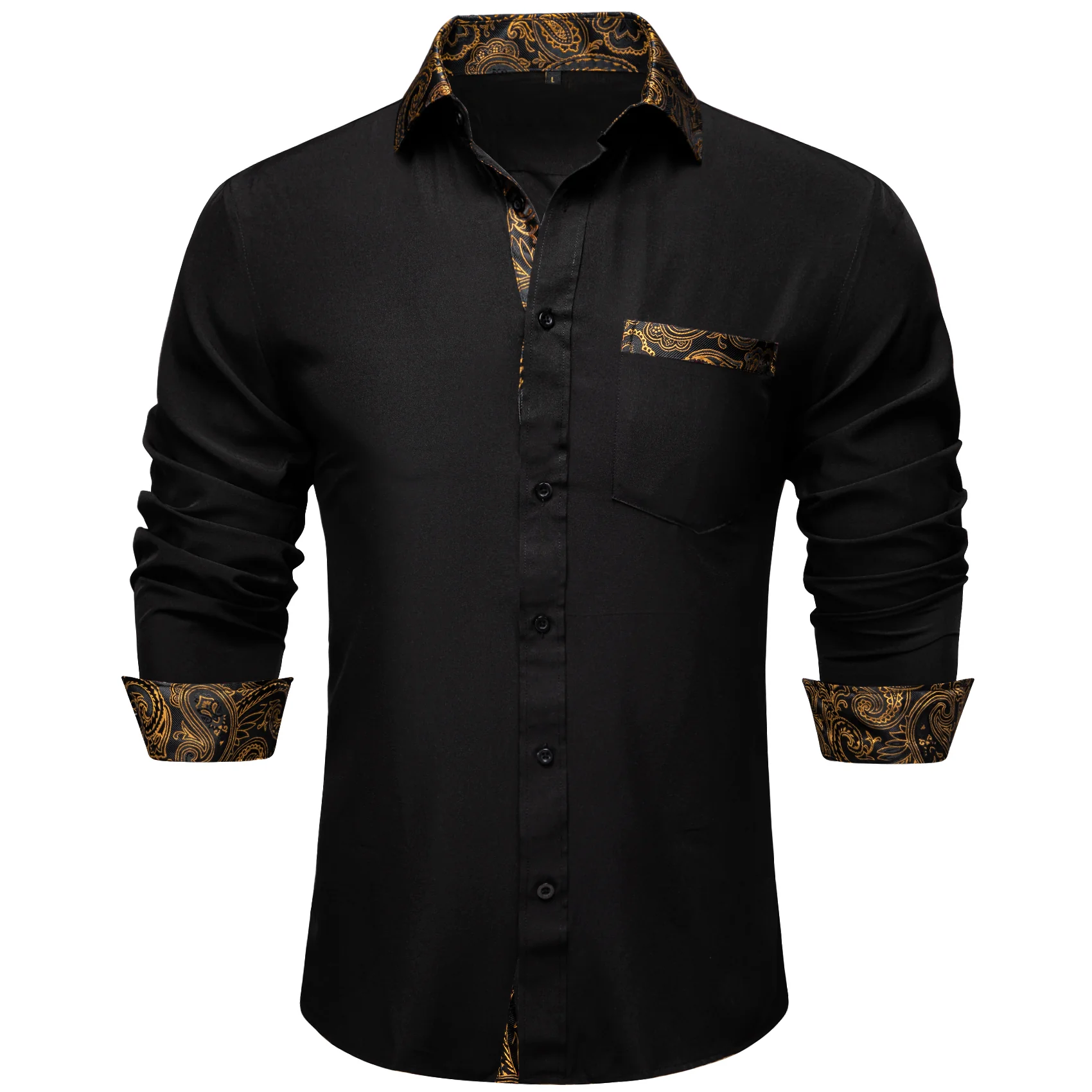 Splicing Style Black with Golden Paisley Edge Men's Solid Long Sleeve Shirt