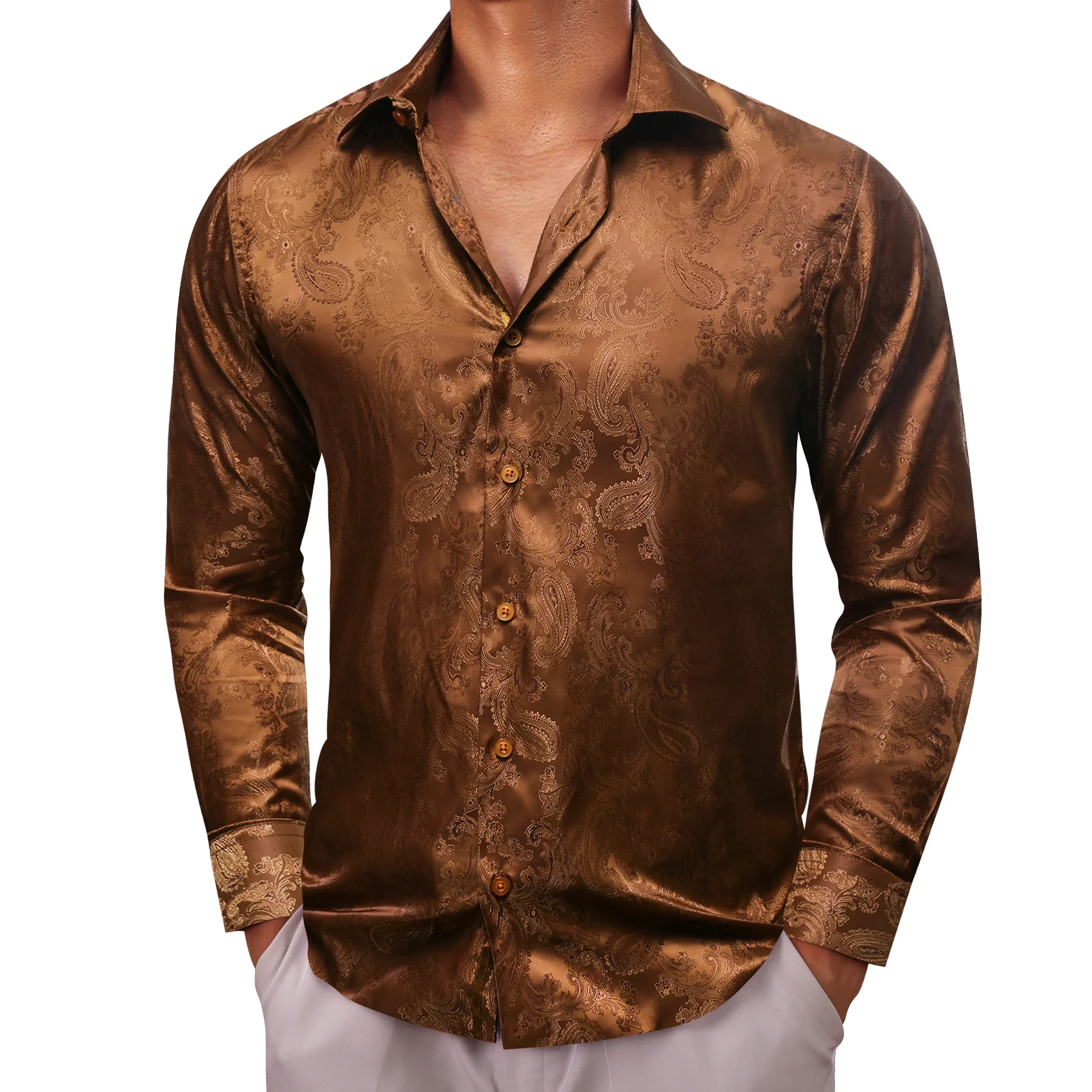 Brown Paisley Style Casual Silk Men's Long Sleeve Button Shirt
