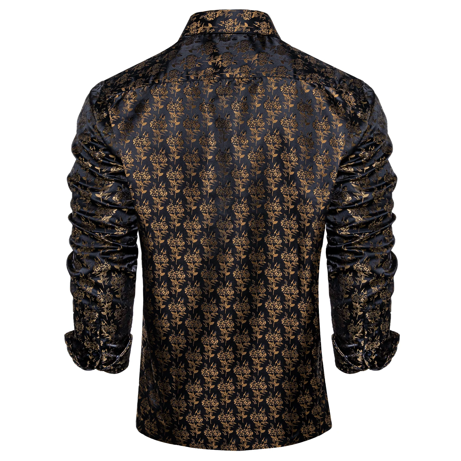 Black Brown Floral Pattern Silk Men's Long Sleeve Shirt