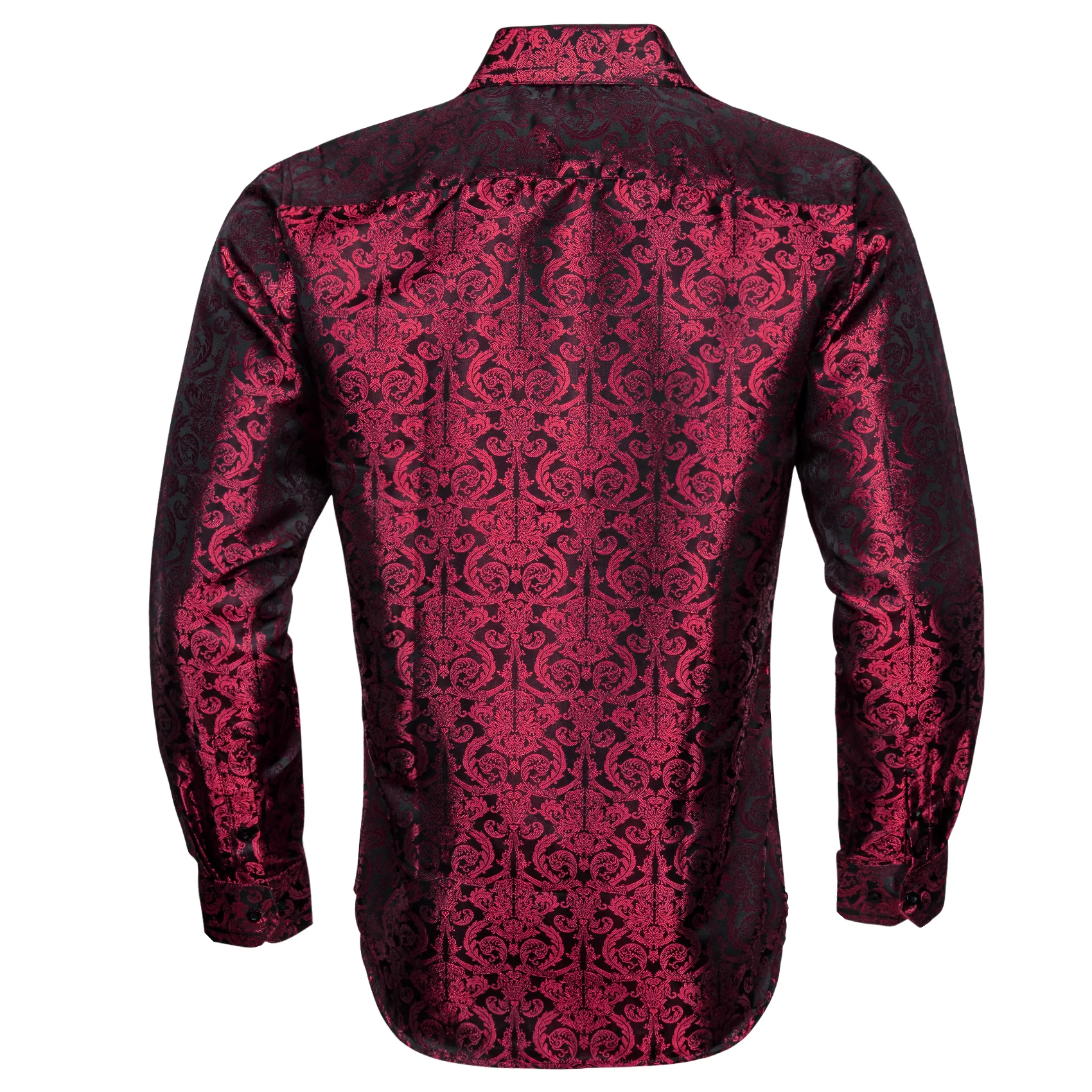 Burgundy Floral Pattern Silk Men's Long Sleeve Shirt