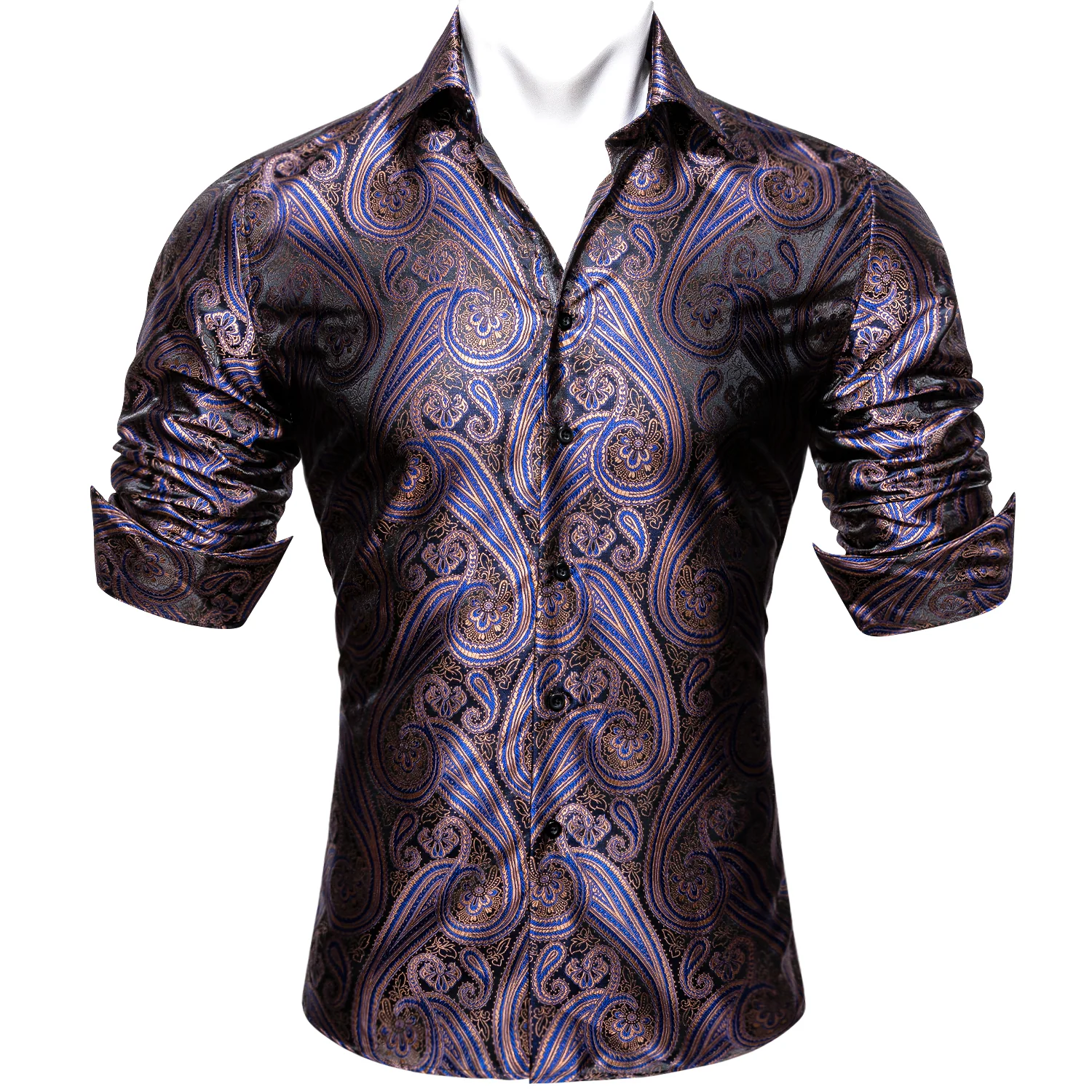 New Silver Purple Blue Paisley Pattern Silk Men's Long Sleeve Shirt