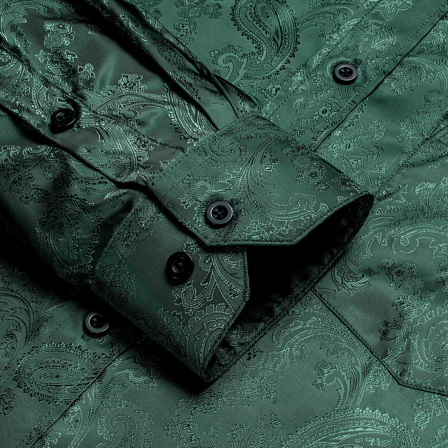 Dark Green Paisley Silk Men's Long Sleeve Collarless Shirt