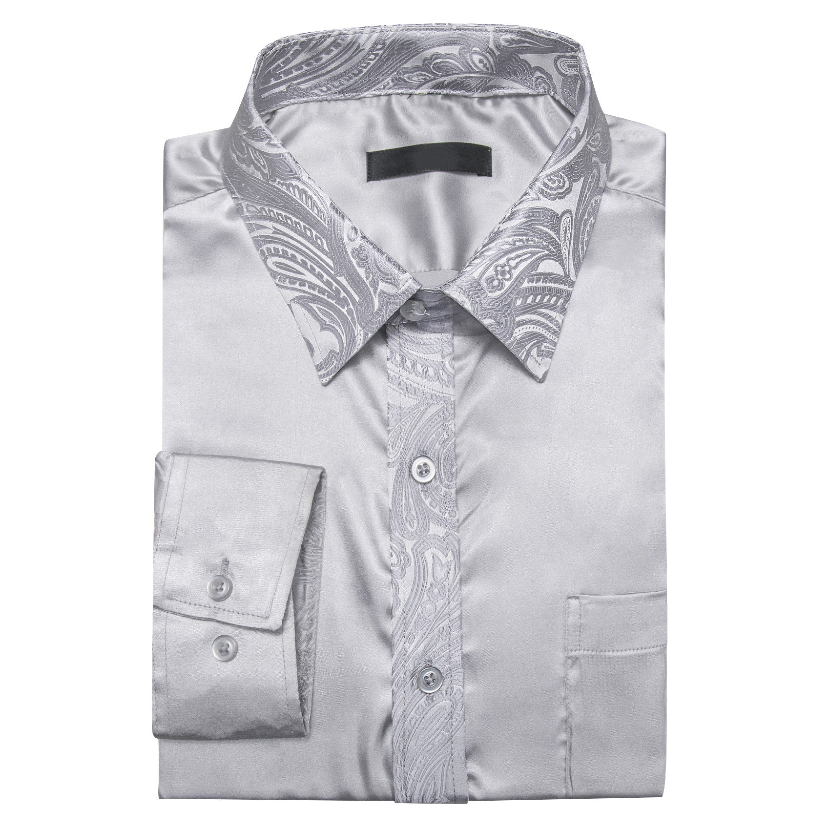 Splicing Style Sliver Grey Solid with White Paisley Edge Men's Long Sleeve Shirt