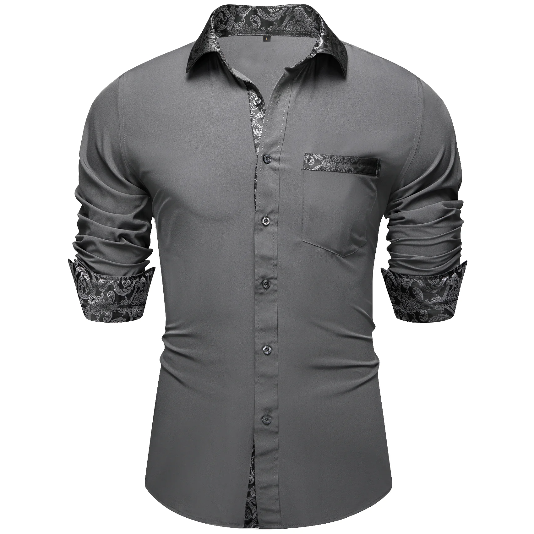 Splicing Style Grey with Black Paisley Edge Men's Solid Long Sleeve Shirt