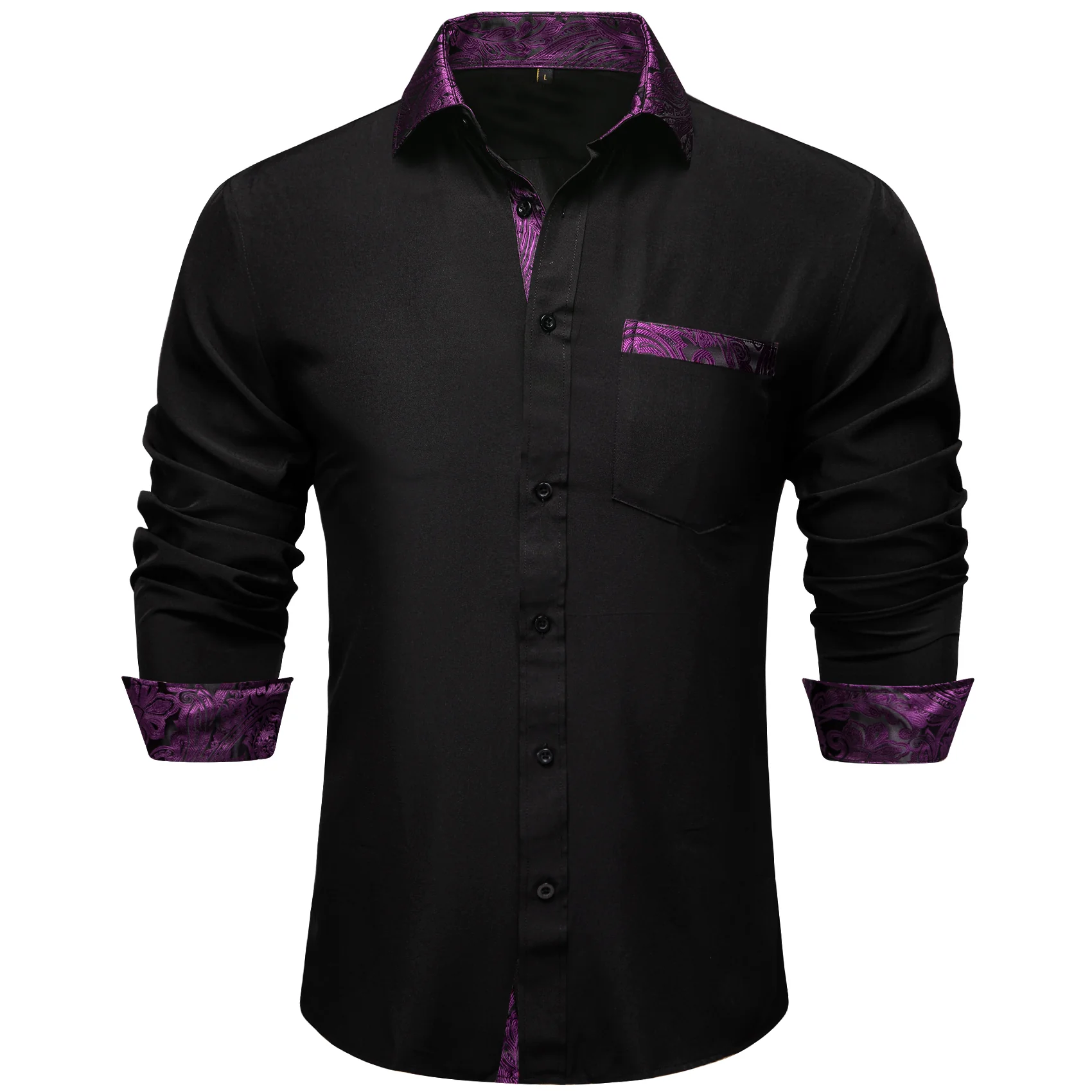 Splicing Style Black with Purple Paisley Edge Men's Solid Long Sleeve Shirt