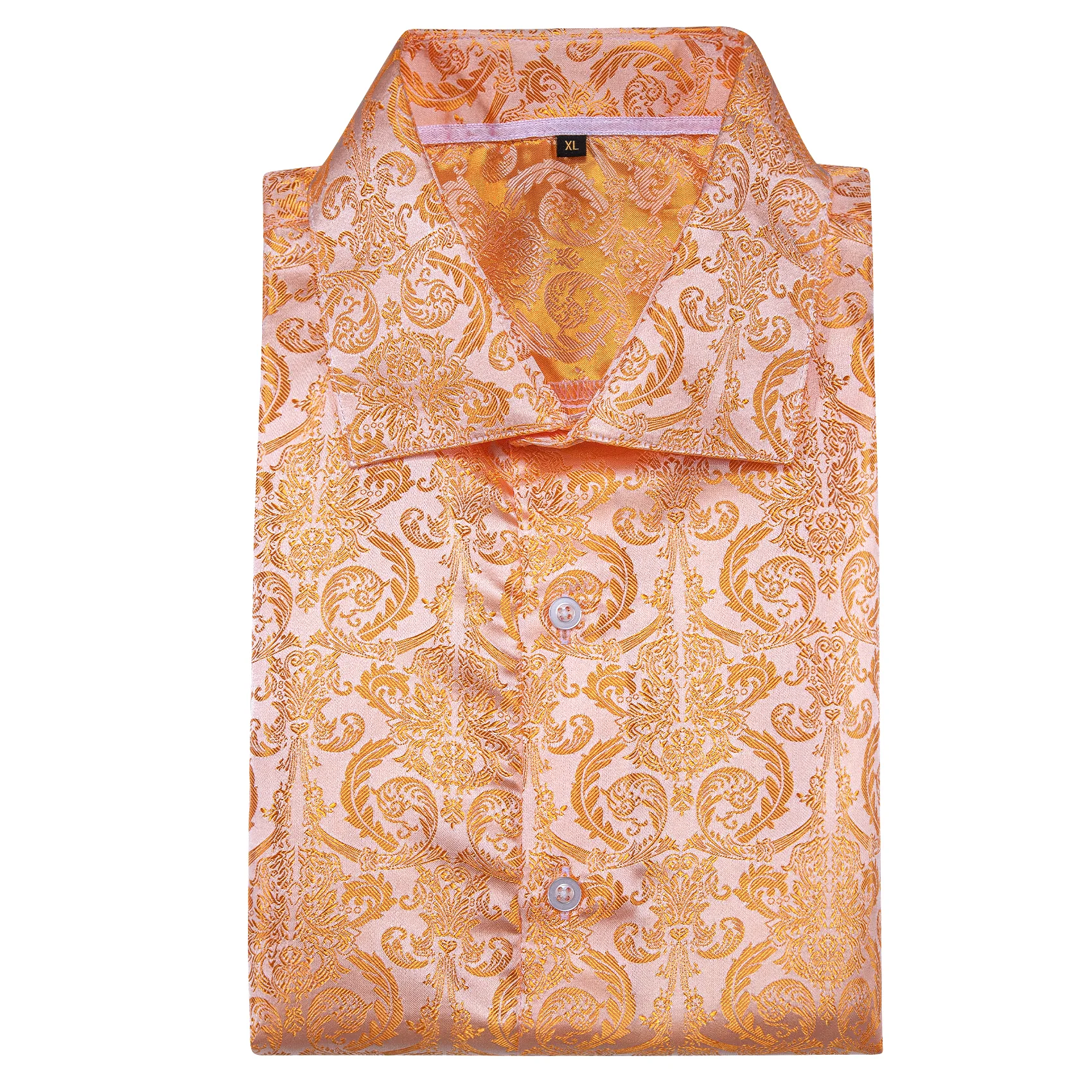 New Light Orange Floral Pattern Silk Men's Long Sleeve Shirt