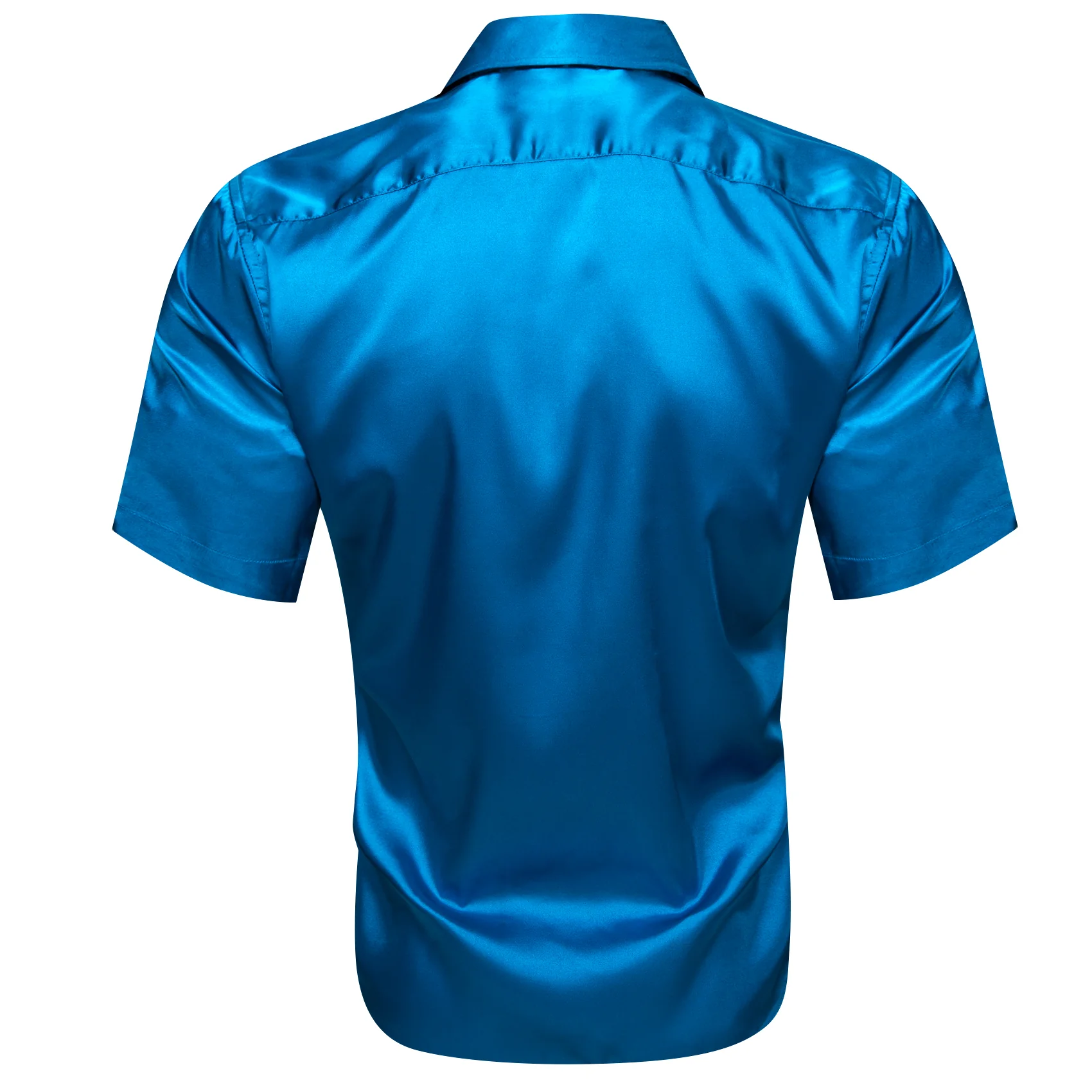 Blue Satin Solid Silk Men's Short Sleeve Shirt