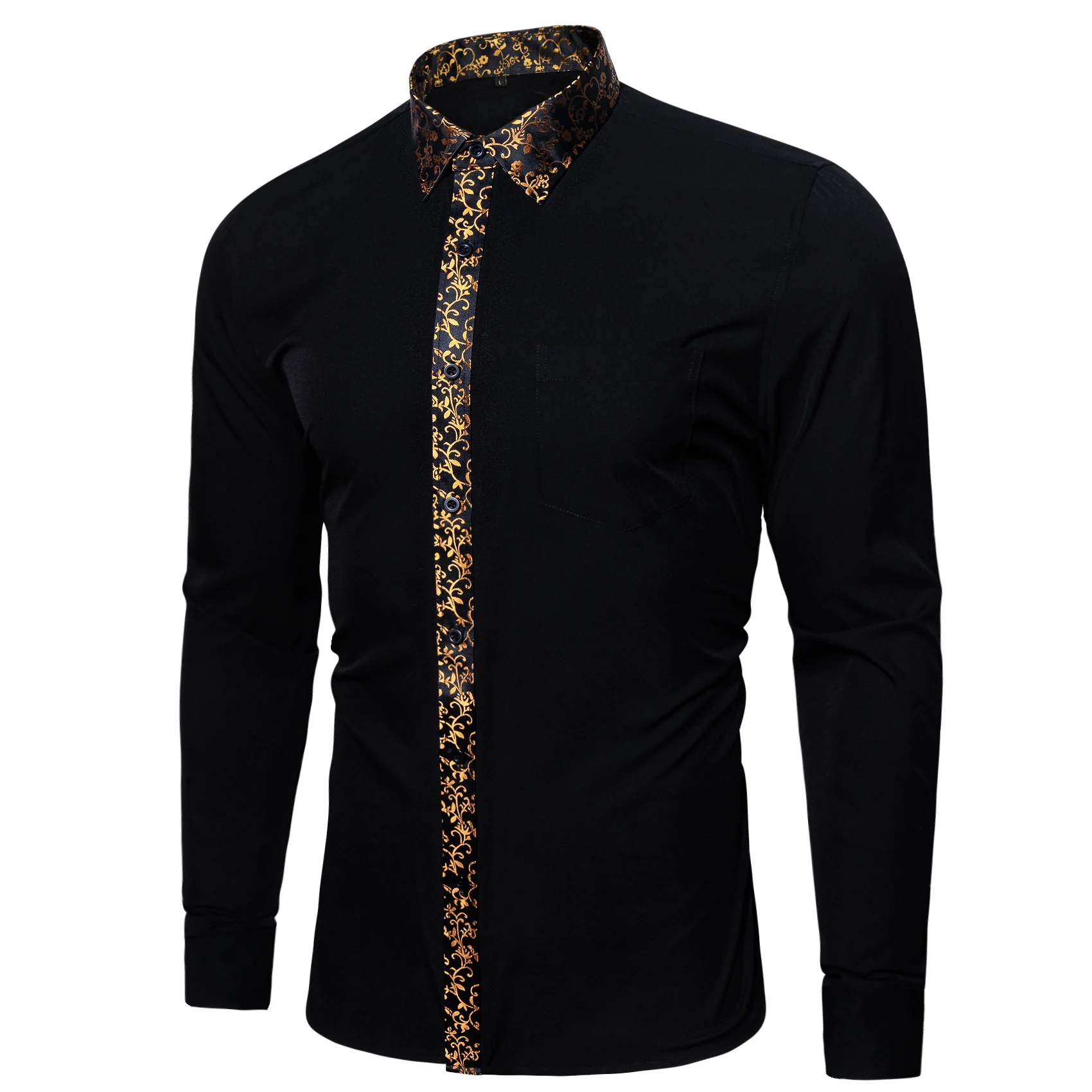 Splicing Style White with Golden Floral Edge Men's Long Sleeve Shirt