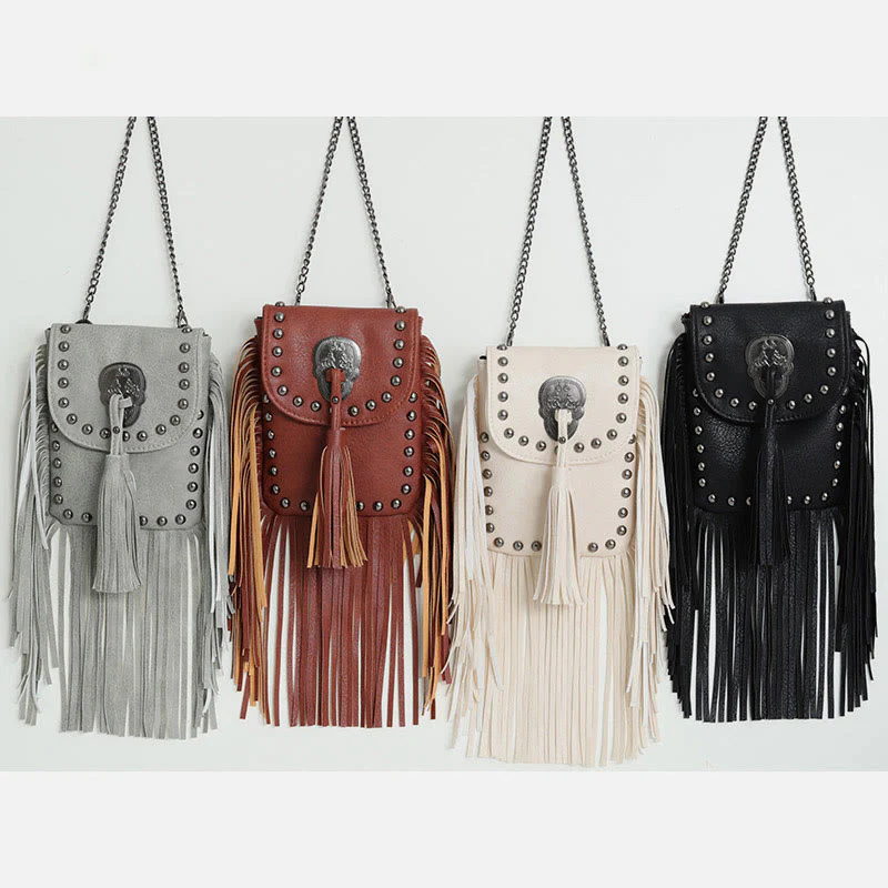 Rivet Tassel Bag For Women Vegan Leather Crossbody Phone Bag