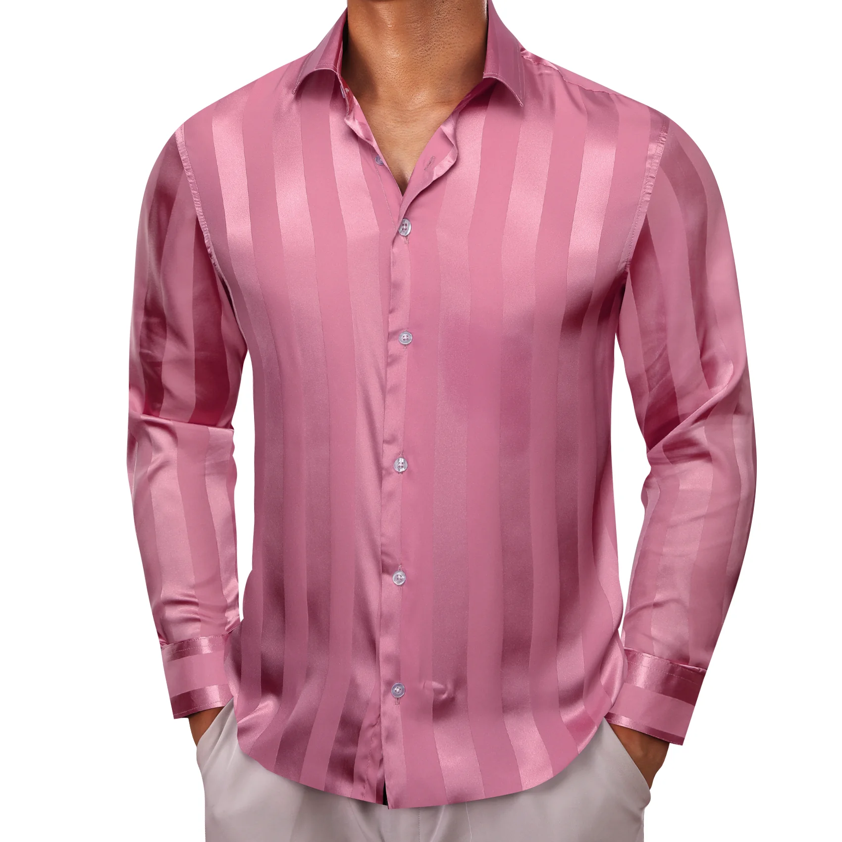 Pink Striped Shiny Satin Men's Long Sleeve Shirt