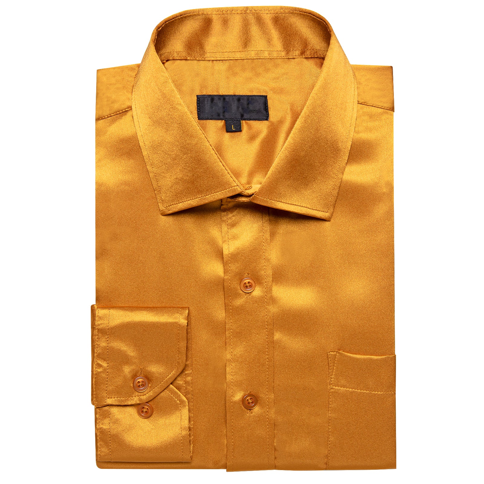 Golden Solid Satin Silk Men's Long Sleeve Business Shirt