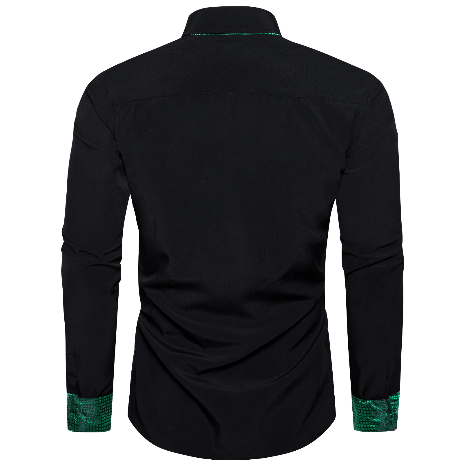 Splicing Style Black with Green Plaid Edge Men's Solid Long Sleeve Shirt