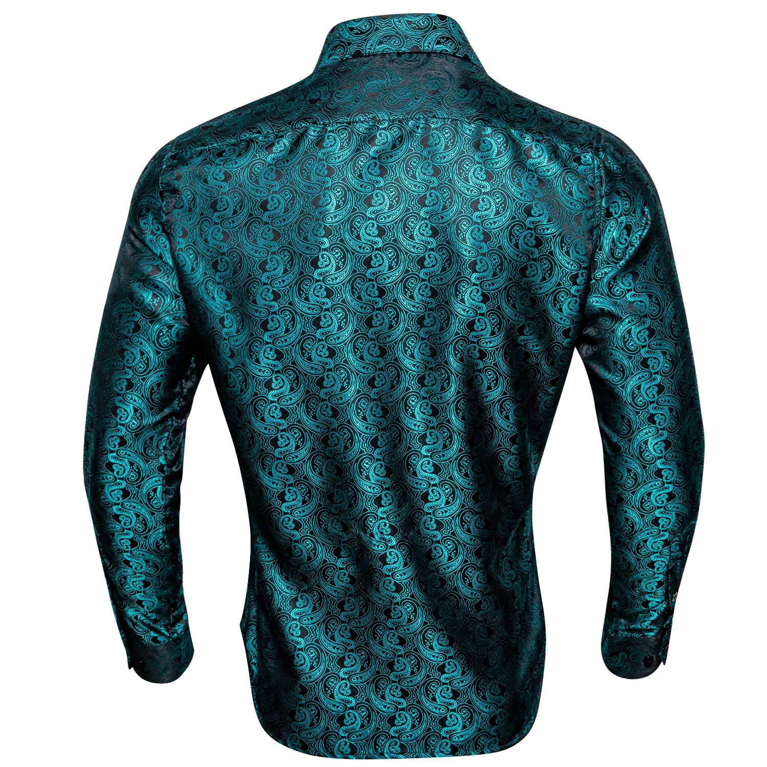 New Black Lake Blue Paisley Pattern Silk Men's Long Sleeve Shirt