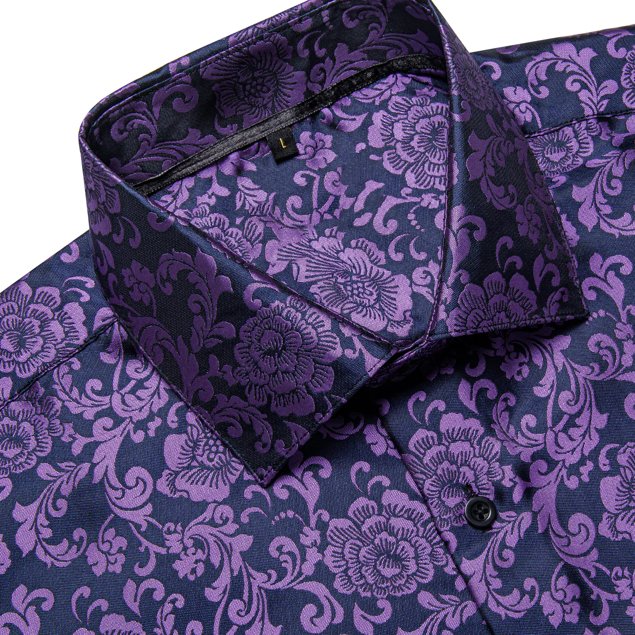 Black Purple Floral Silk Men's Long Sleeve Shirt