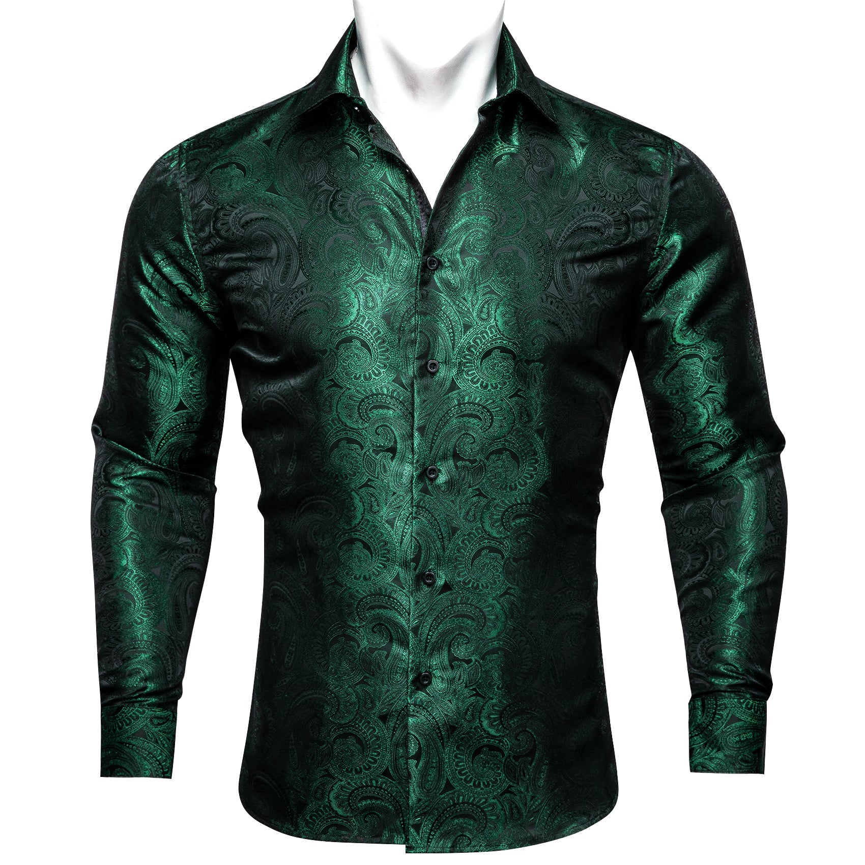 New Luxury Green Paisley Pattern Silk Men's Long Sleeve Shirt