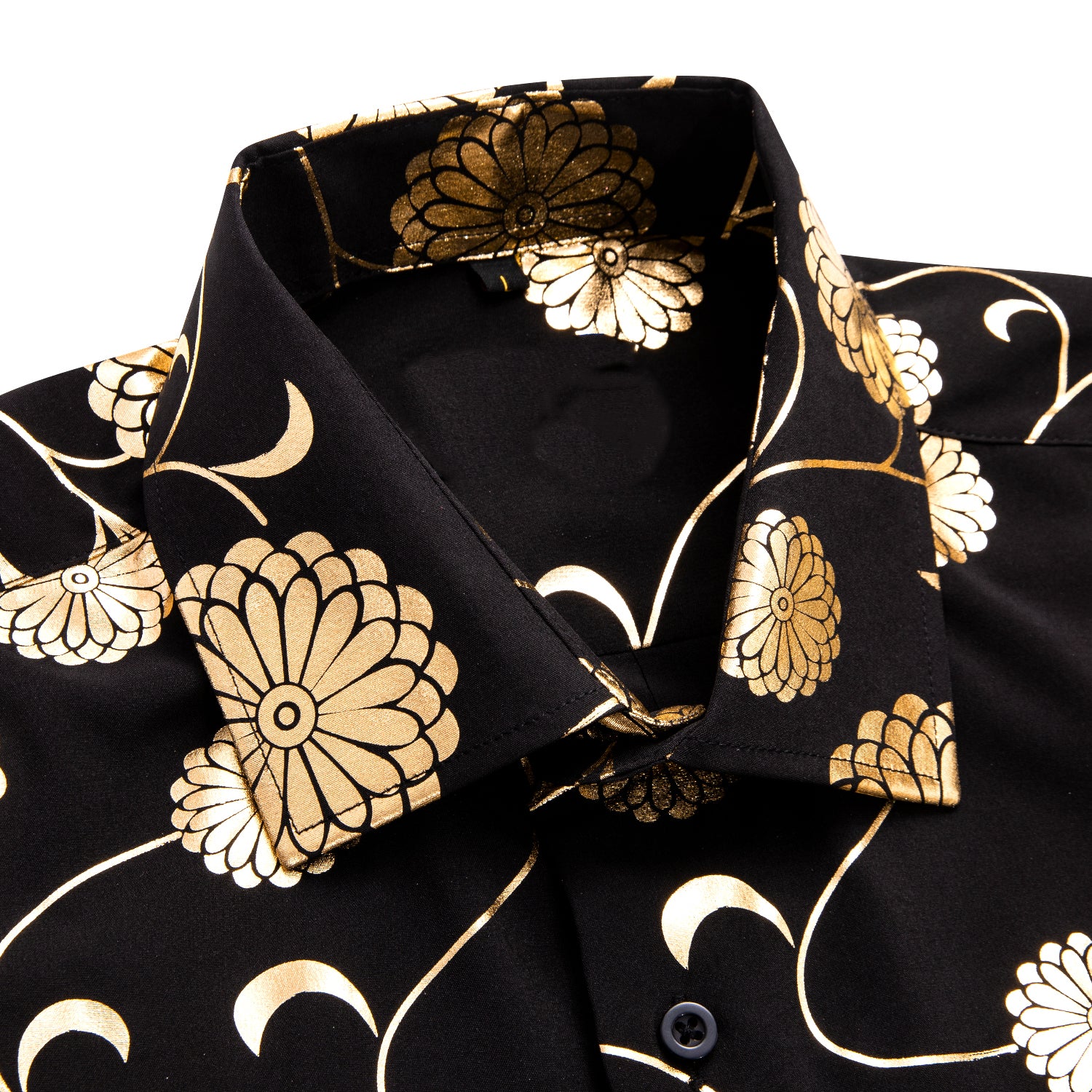Black Shirt with Golden Chrysanthemum Floral Silk Men's Short Sleeve Shirt