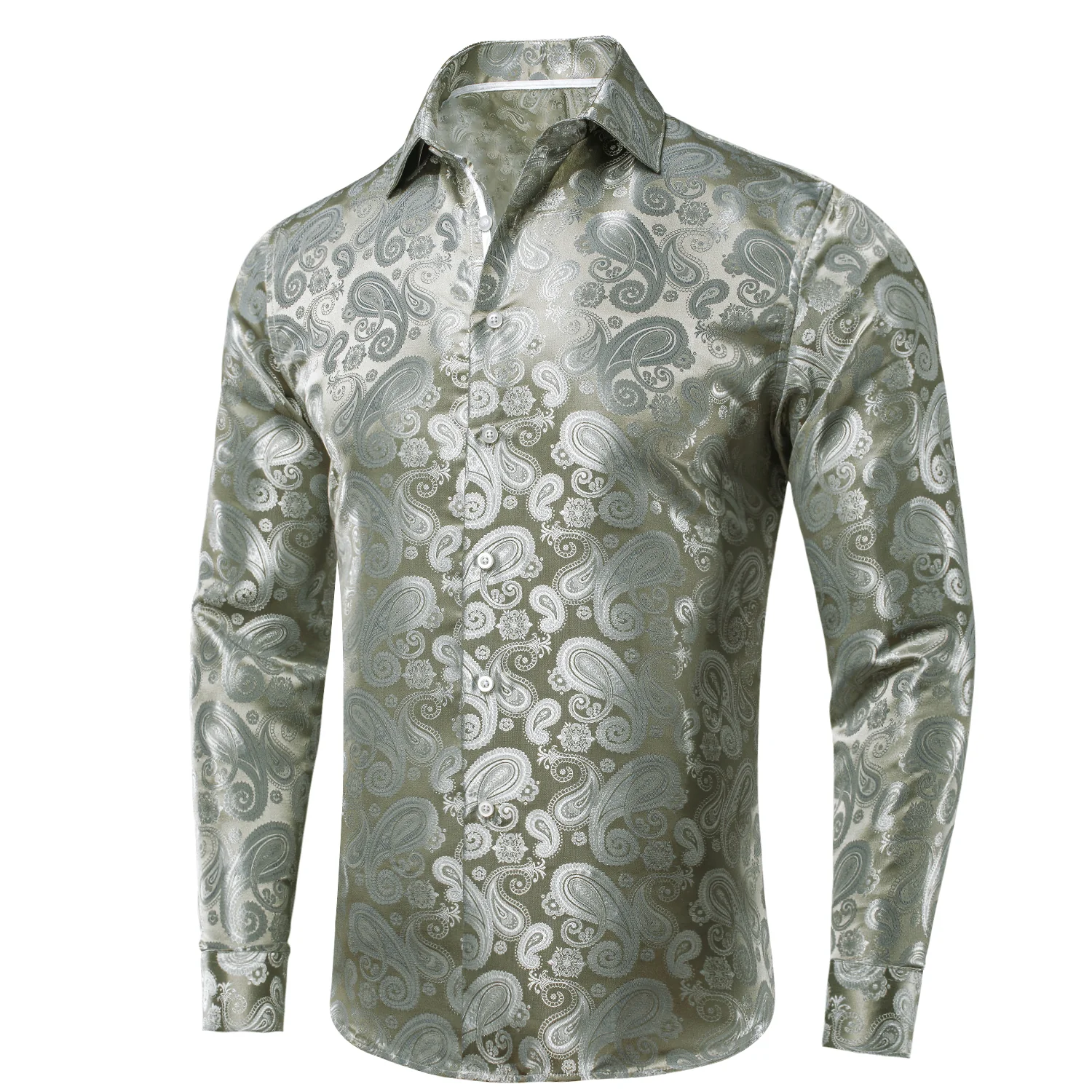 Light Sliver Olive Green Paisley Silk Men's Long Sleeve Shirt