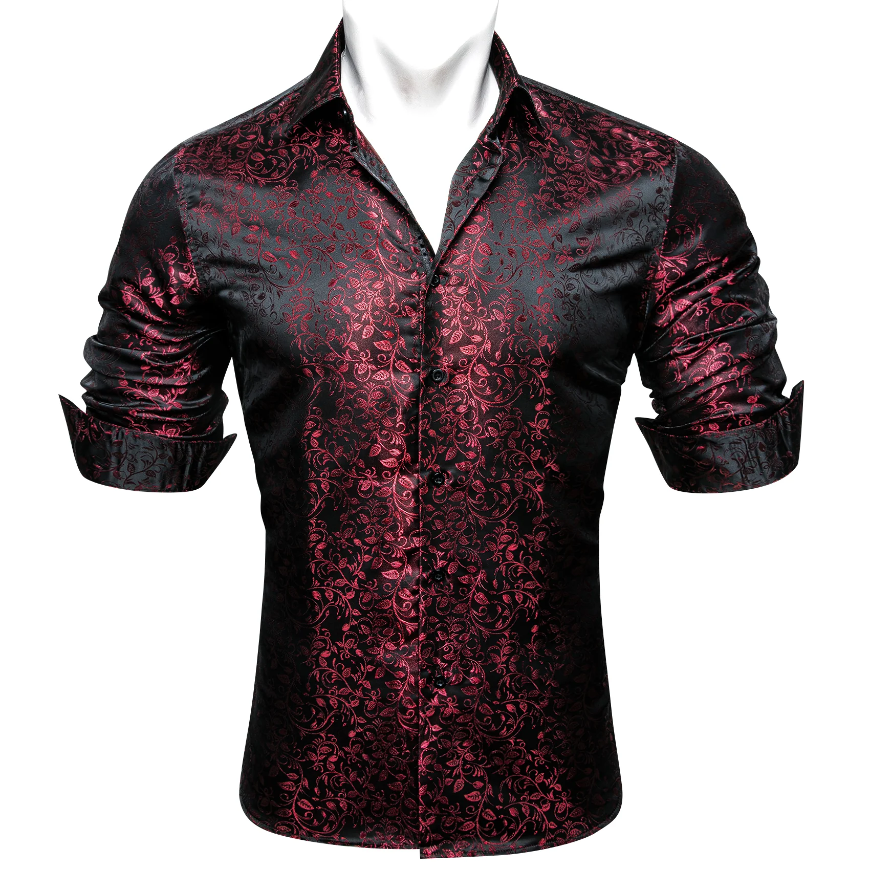 Dark Purple Floral Pattern Silk Men's Long Sleeve Shirt