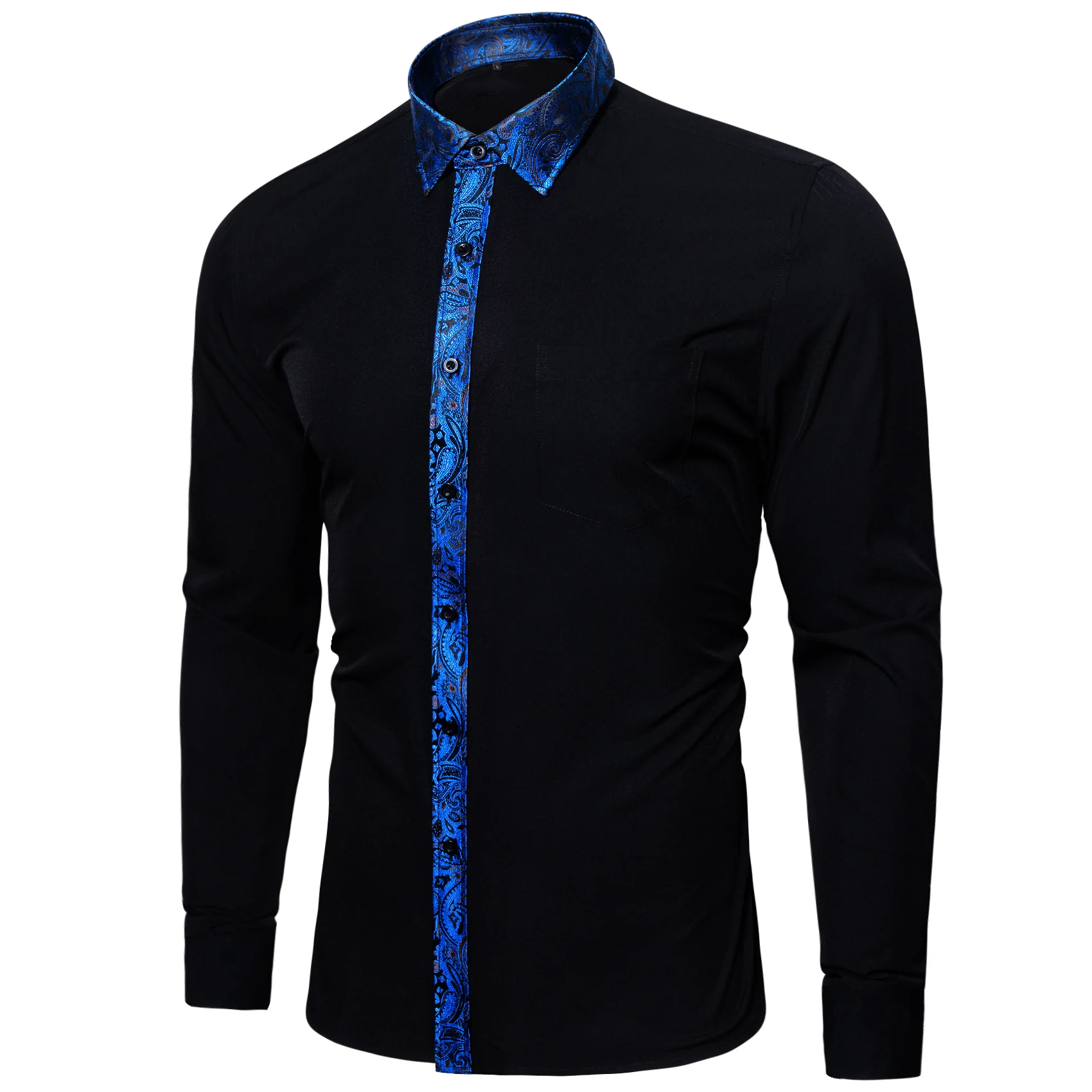 Splicing Style Black with Blue Paisley Edge Men's Long Sleeve Shirt