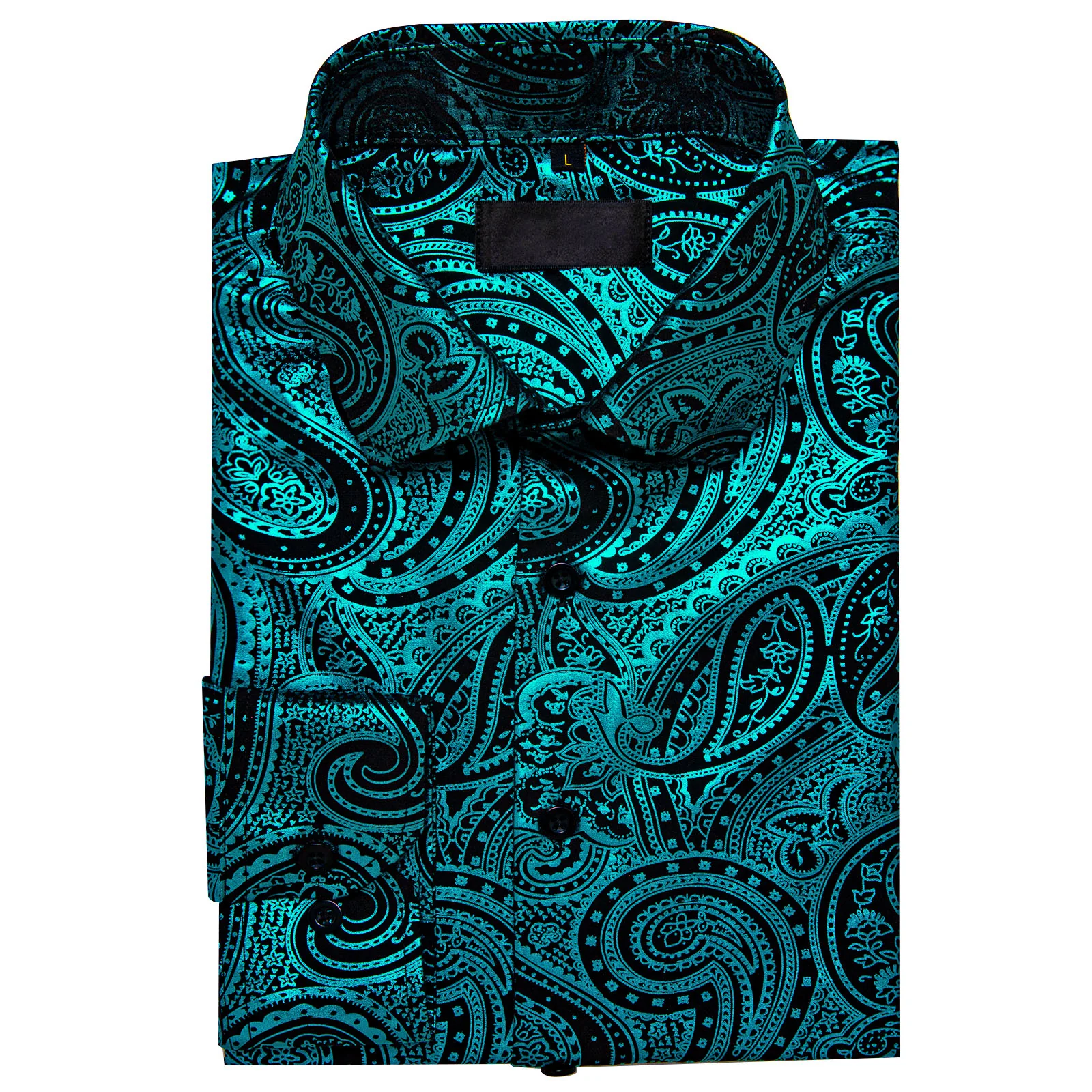Teal Black Paisley Flower Hot Stamping Men's Long Sleeve Shirt