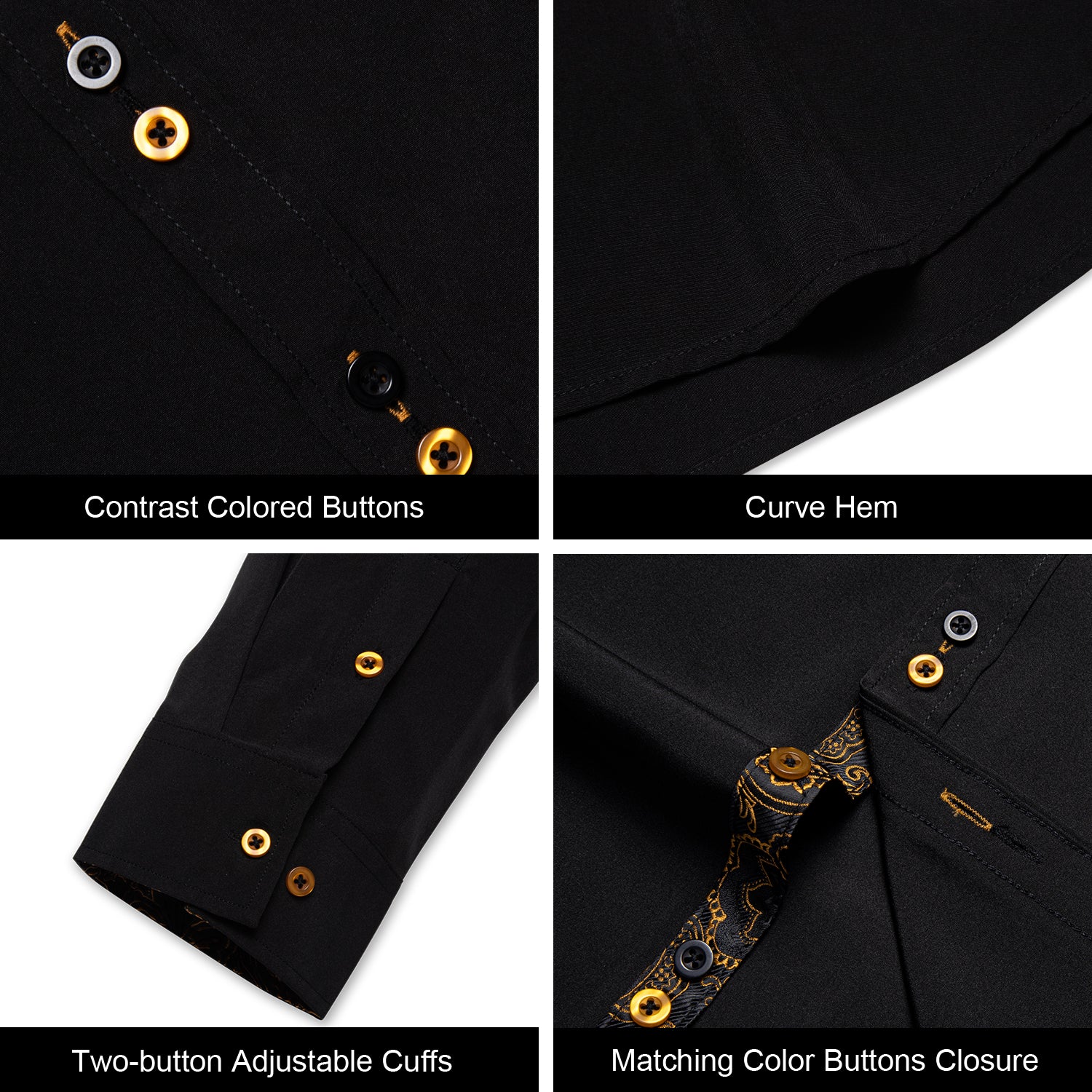 New Splicing Style Black with Golden Paisley Edge Men's Long Sleeve Shirt