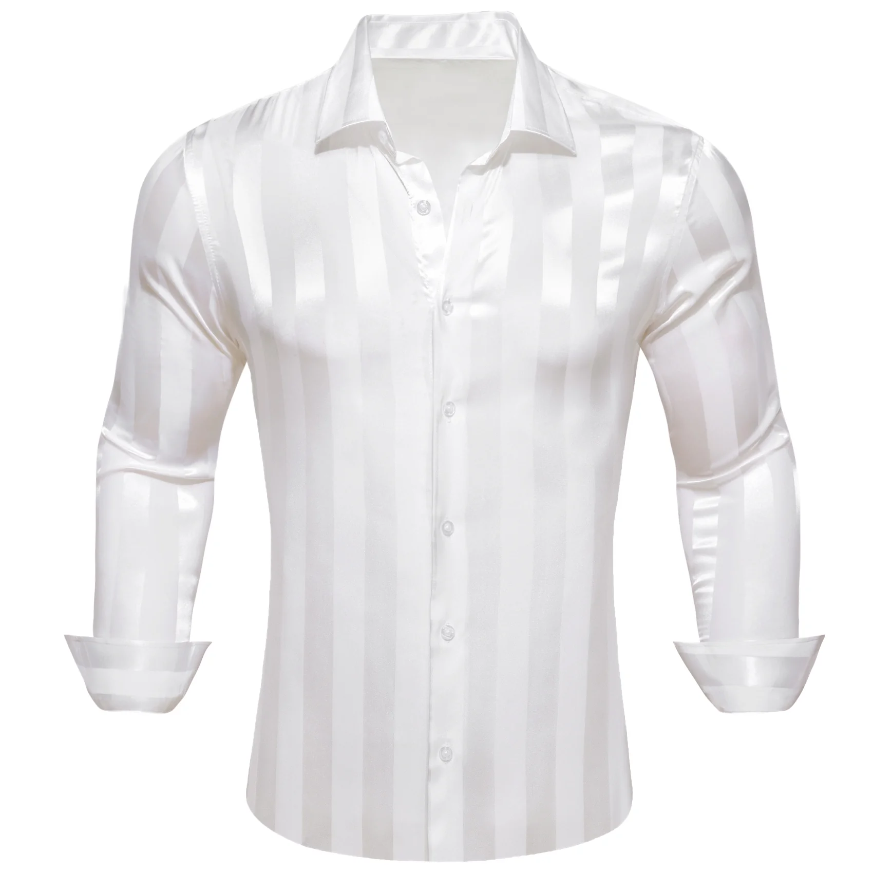 White Striped Shiny Satin Men's Long Sleeve Shirt