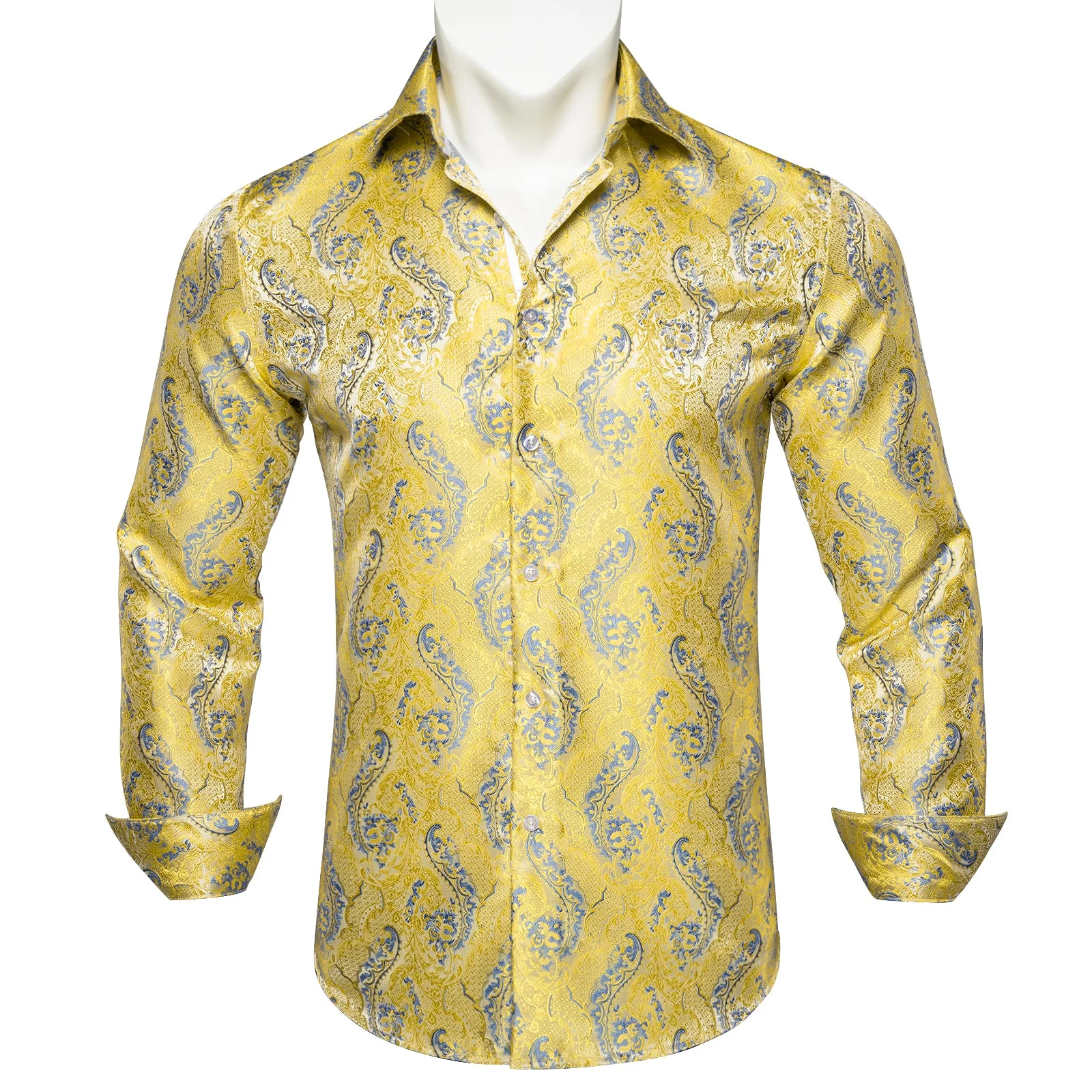 Yellow Light Blue Floral Pattern Silk Men's Long Sleeve Shirt
