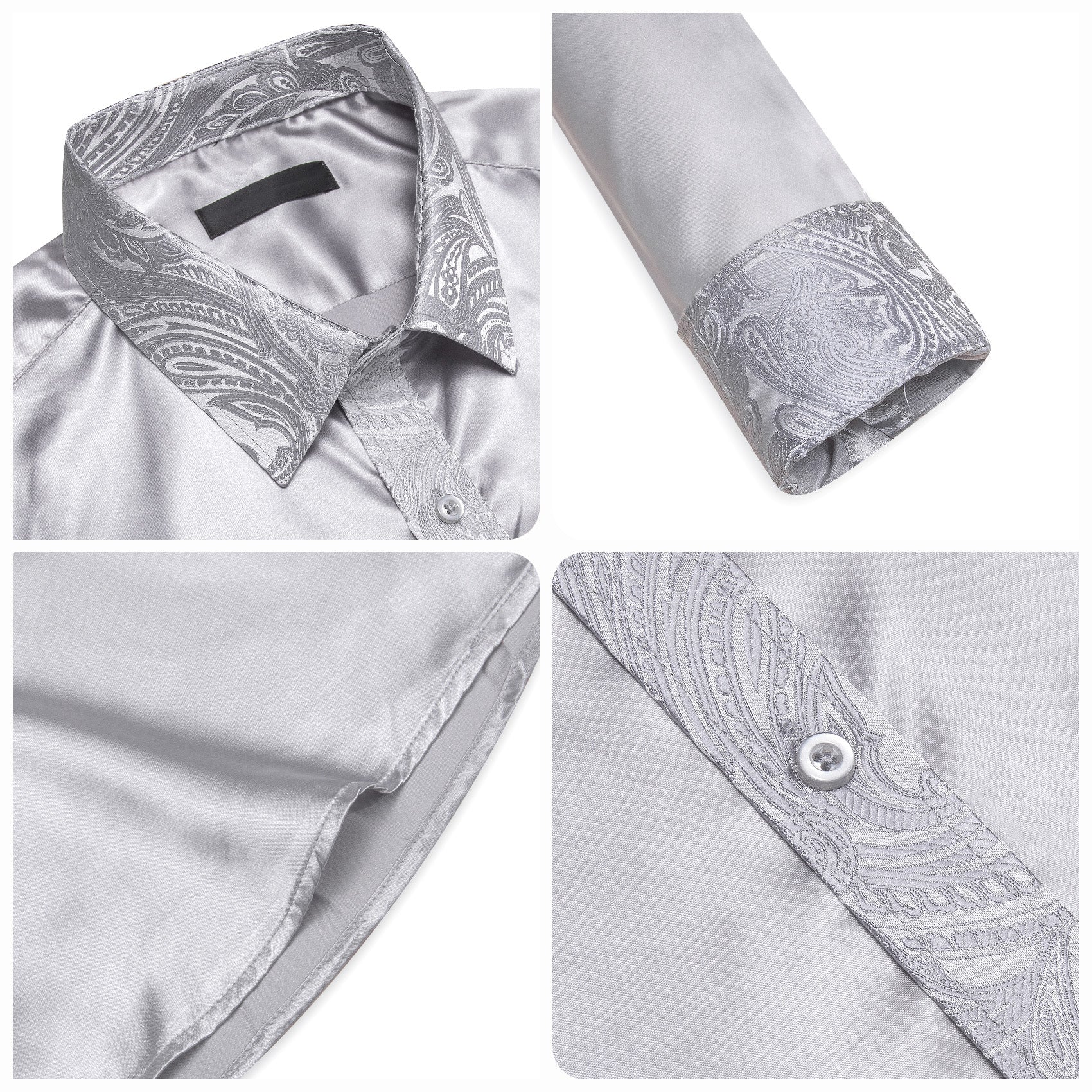 Splicing Style Sliver Grey Solid with White Paisley Edge Men's Long Sleeve Shirt