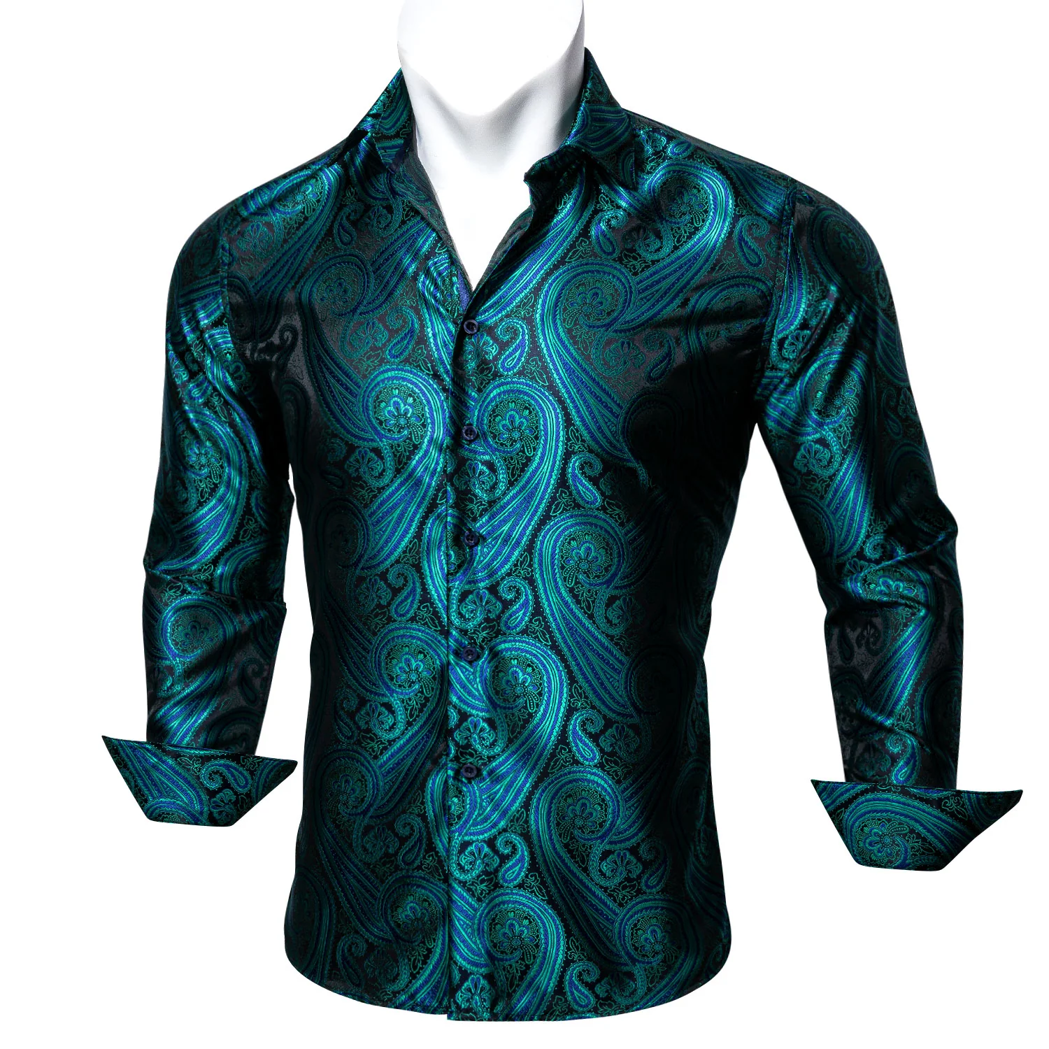 New Green Black Paisley Style Silk Men's Long Sleeve Shirt