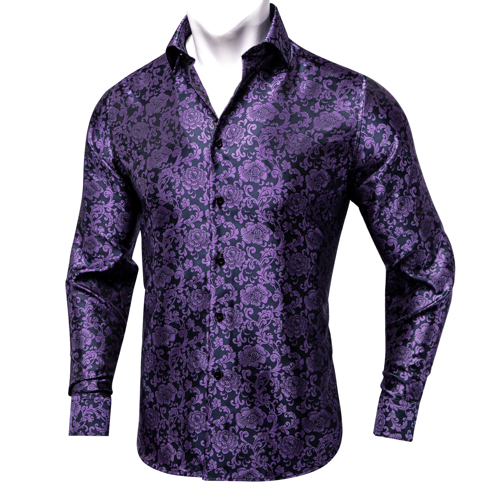 Black Purple Floral Silk Men's Long Sleeve Shirt