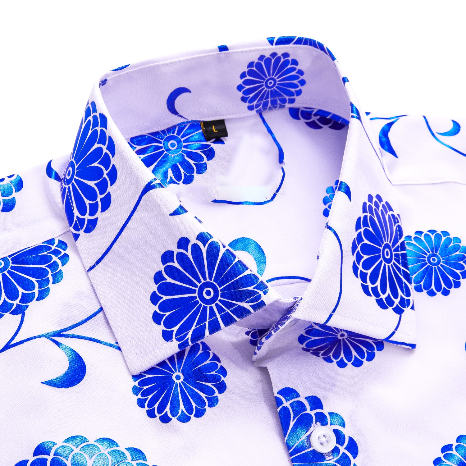 White Shirt with Blue Floral Silk Men's Short Sleeve Shirt