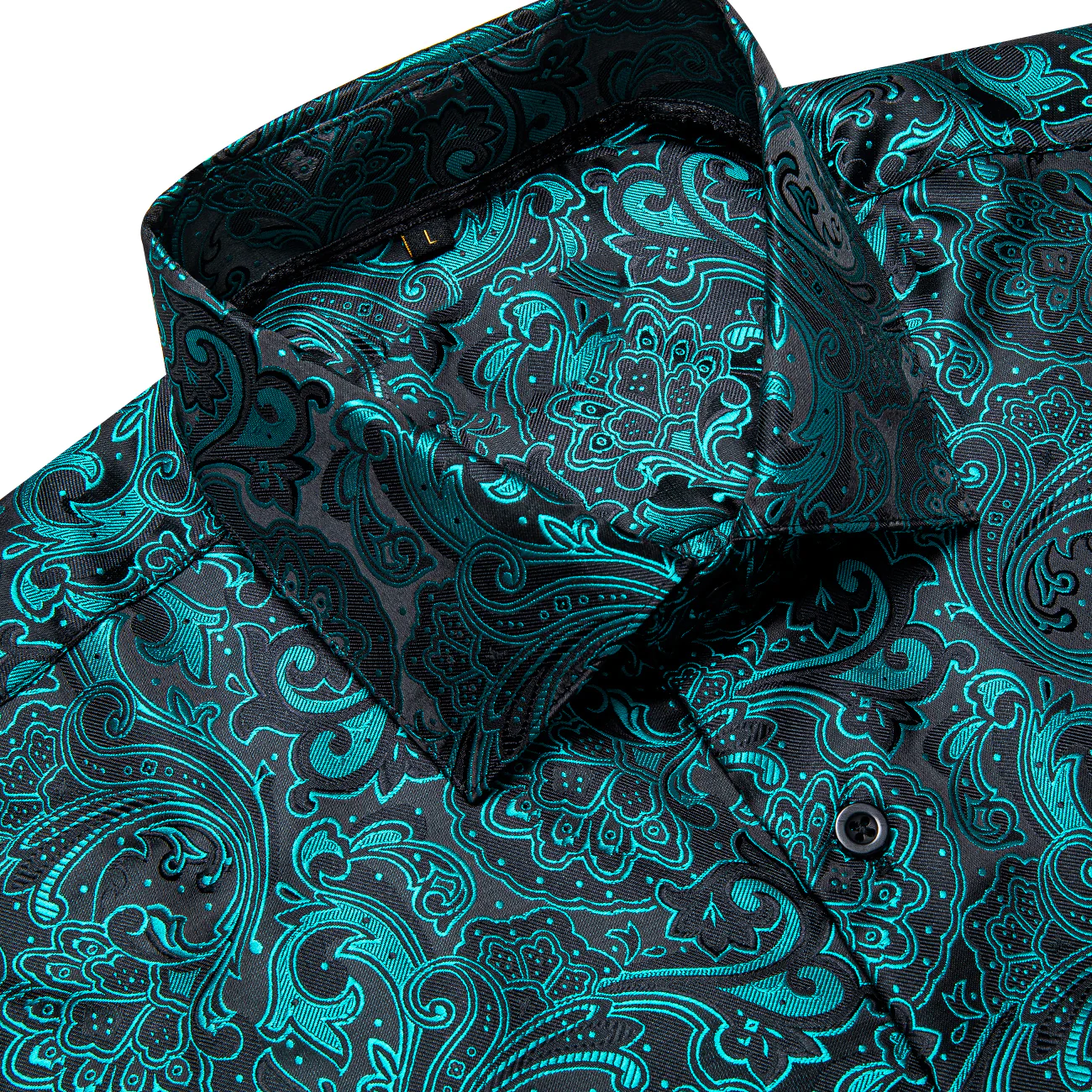 Black Teal Blue Floral Silk Men's Long Sleeve Shirt