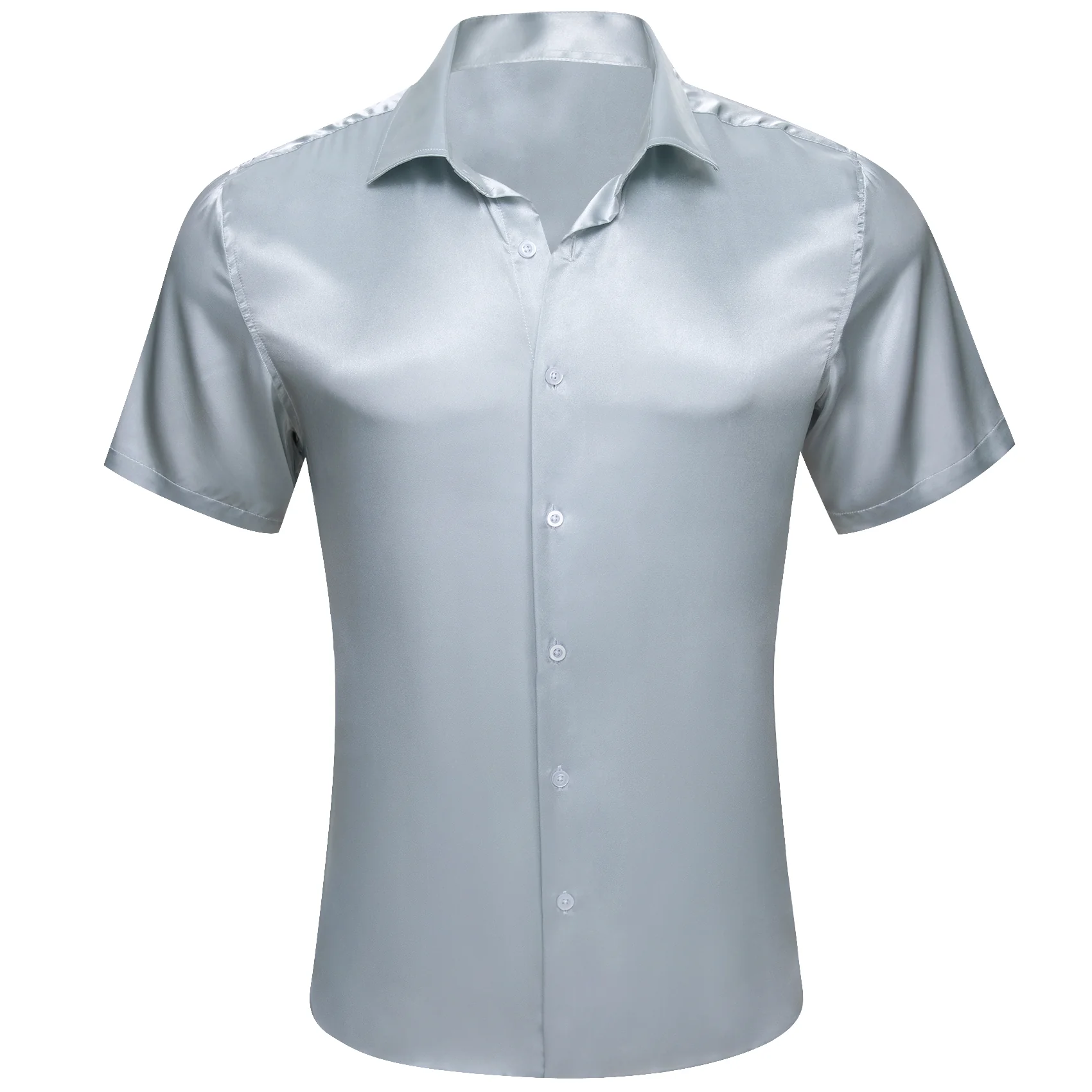 Silver Satin Solid Silk Men's Short Sleeve Shirt
