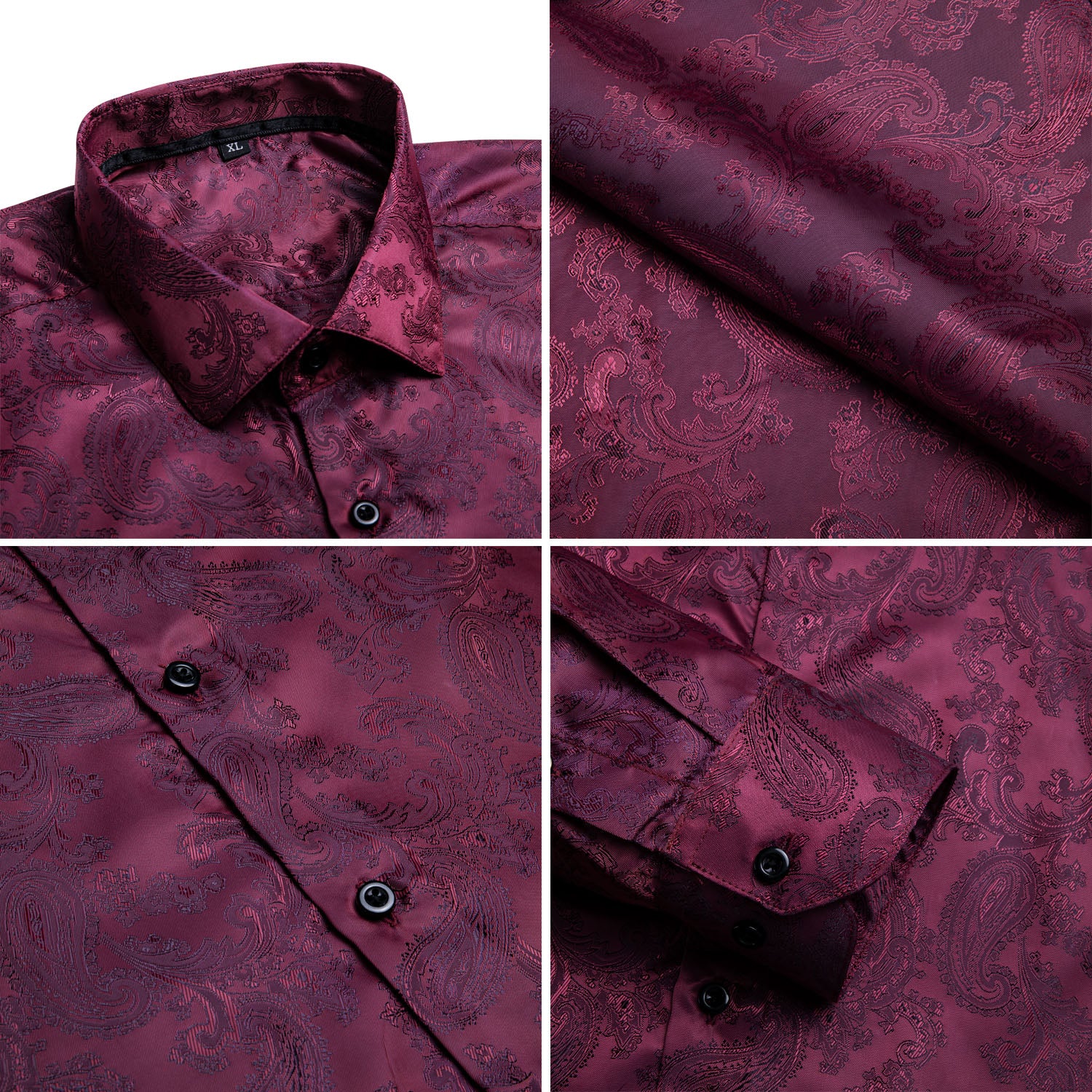 New Burgundy Red Paisley Silk Men's Long Sleeve Shirt