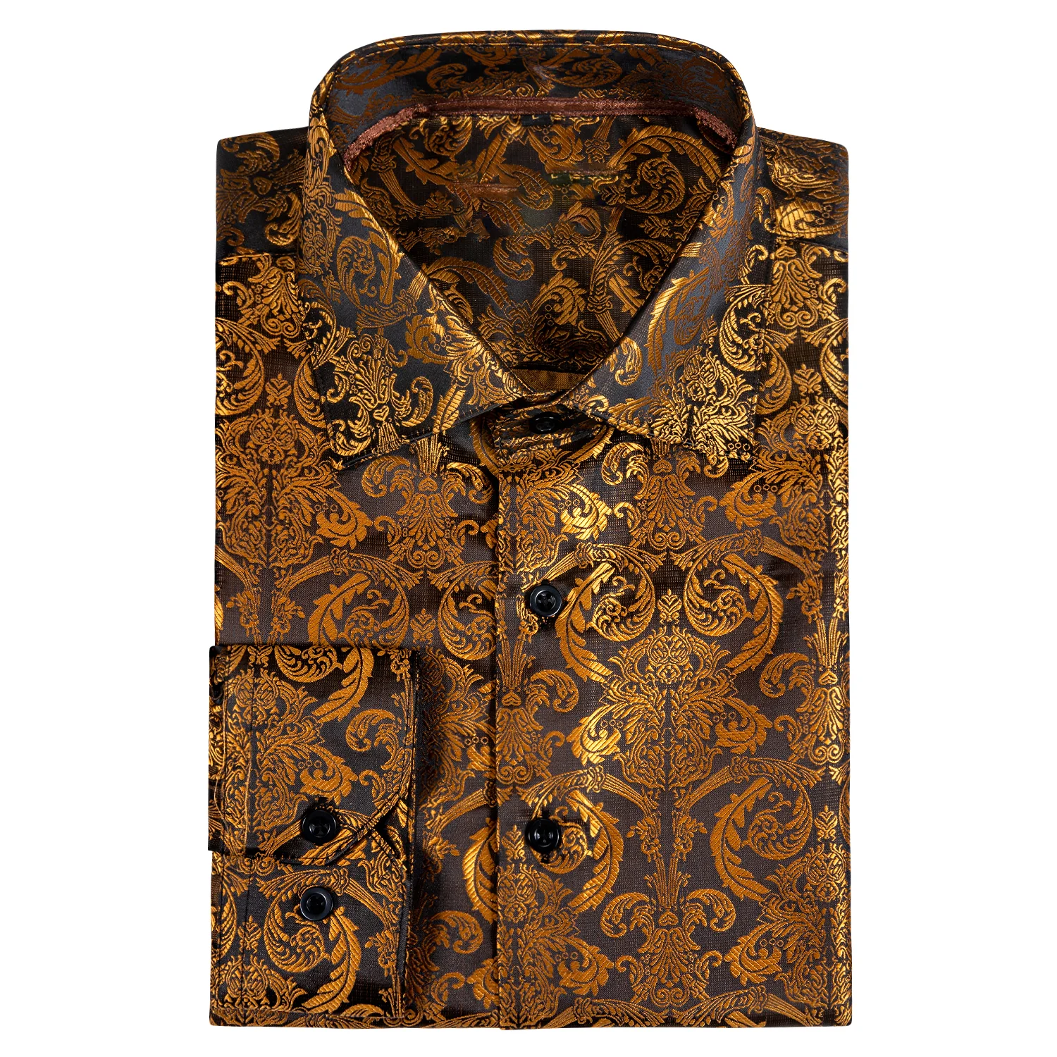 New Golden Brown Paisley Style Silk Men's Long Sleeve Shirt