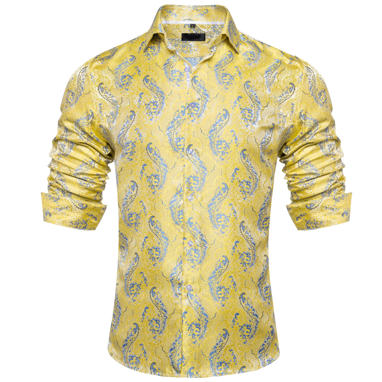 Yellow Light Blue Floral Pattern Silk Men's Long Sleeve Shirt