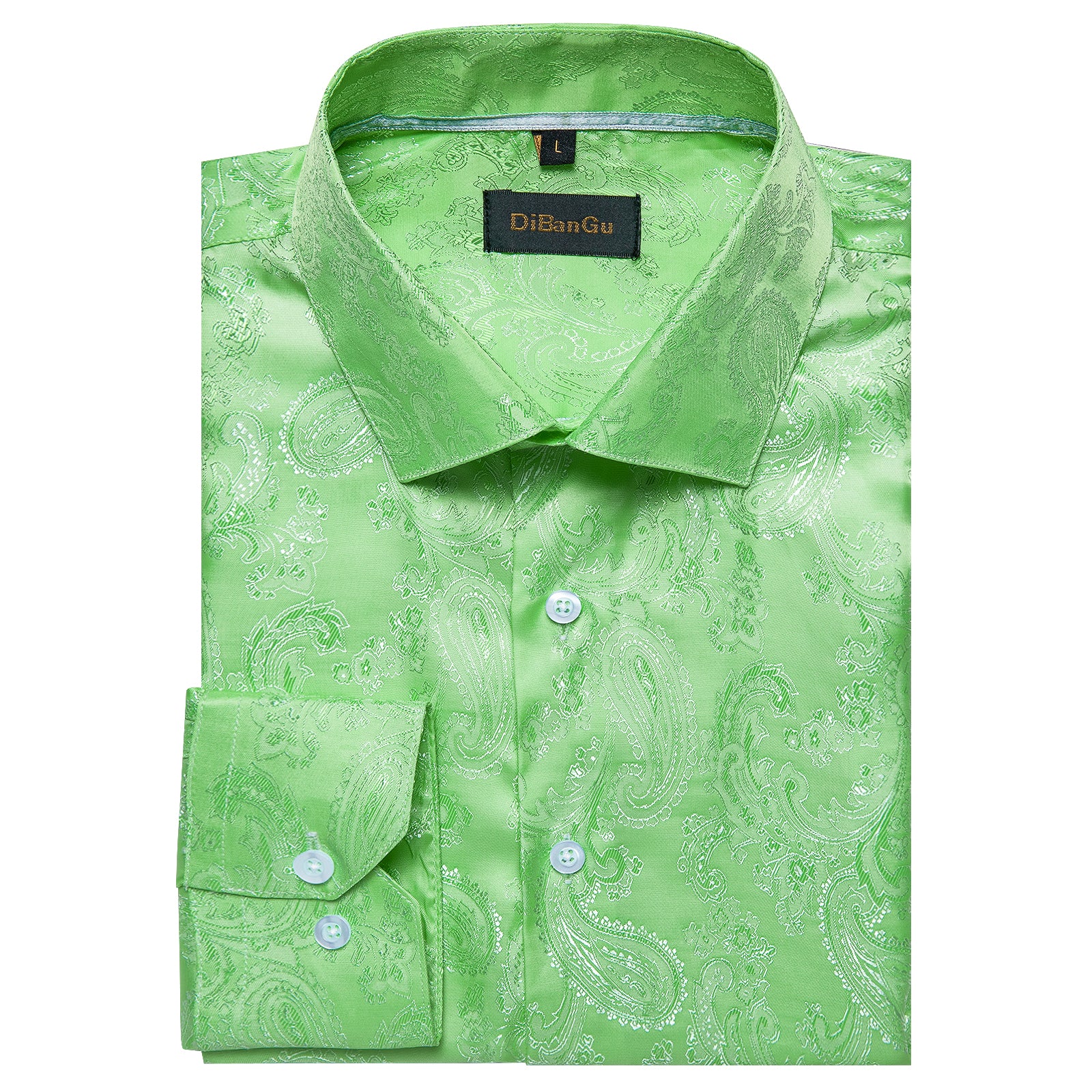 Fluorescent Green Paisley Style Silk Men's Long Sleeve Shirt