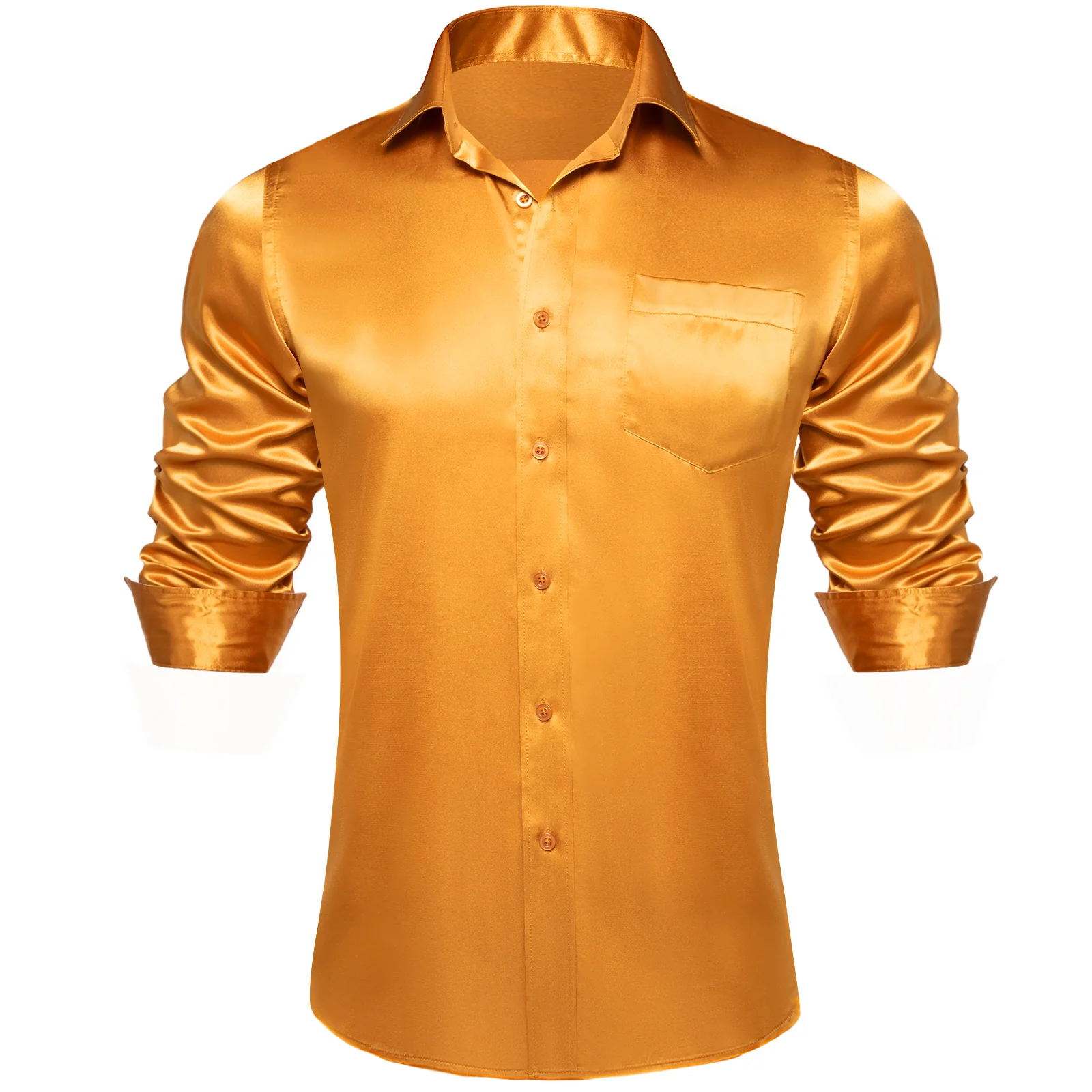 Golden Solid Satin Silk Men's Long Sleeve Business Shirt