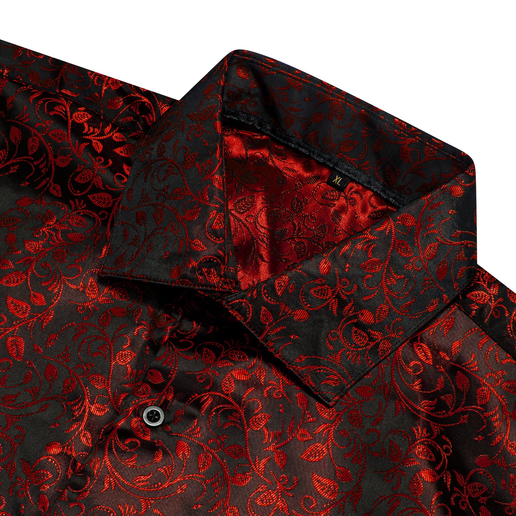 Black Red Floral Pattern Silk Men's Long Sleeve Shirt