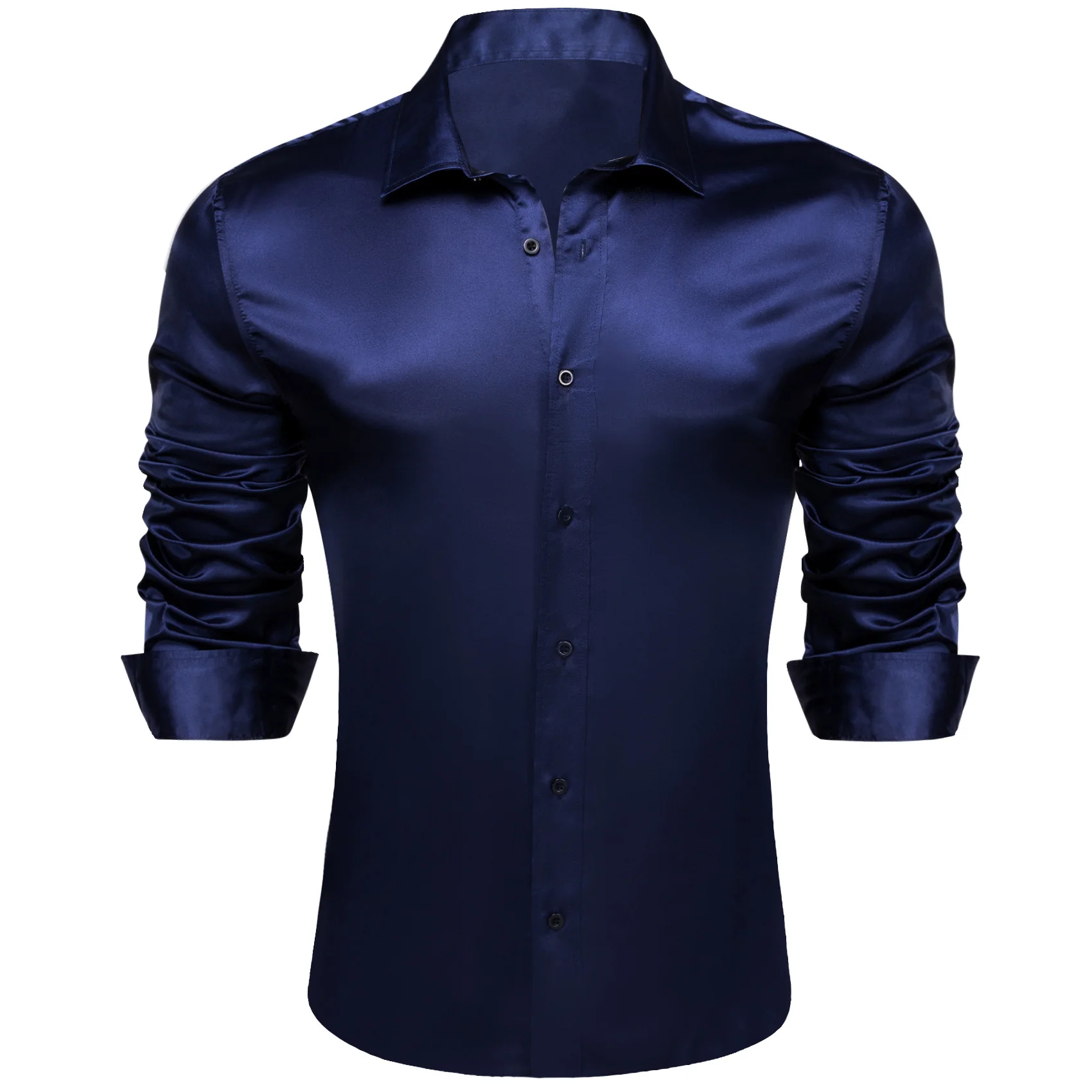 Navy Blue Solid Silk Men's Long Sleeve Shirt
