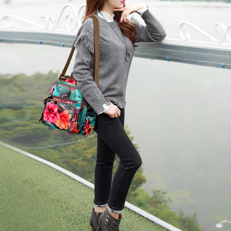 Multifunctional Waterproof Flower Printing Backpack Floral Diaper Bag Crossbody Bag