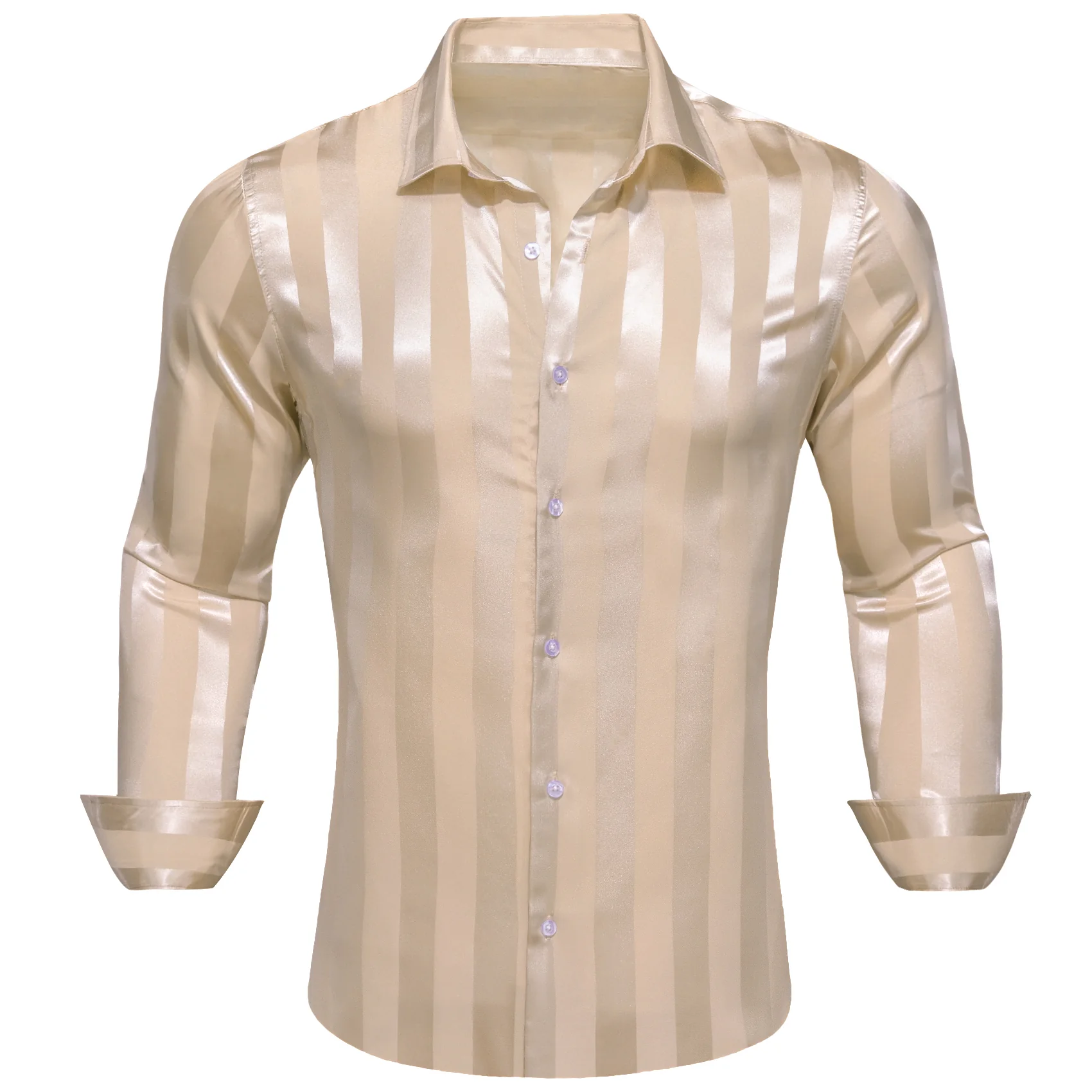 Beige Striped Shiny Satin Men's Long Sleeve Shirt