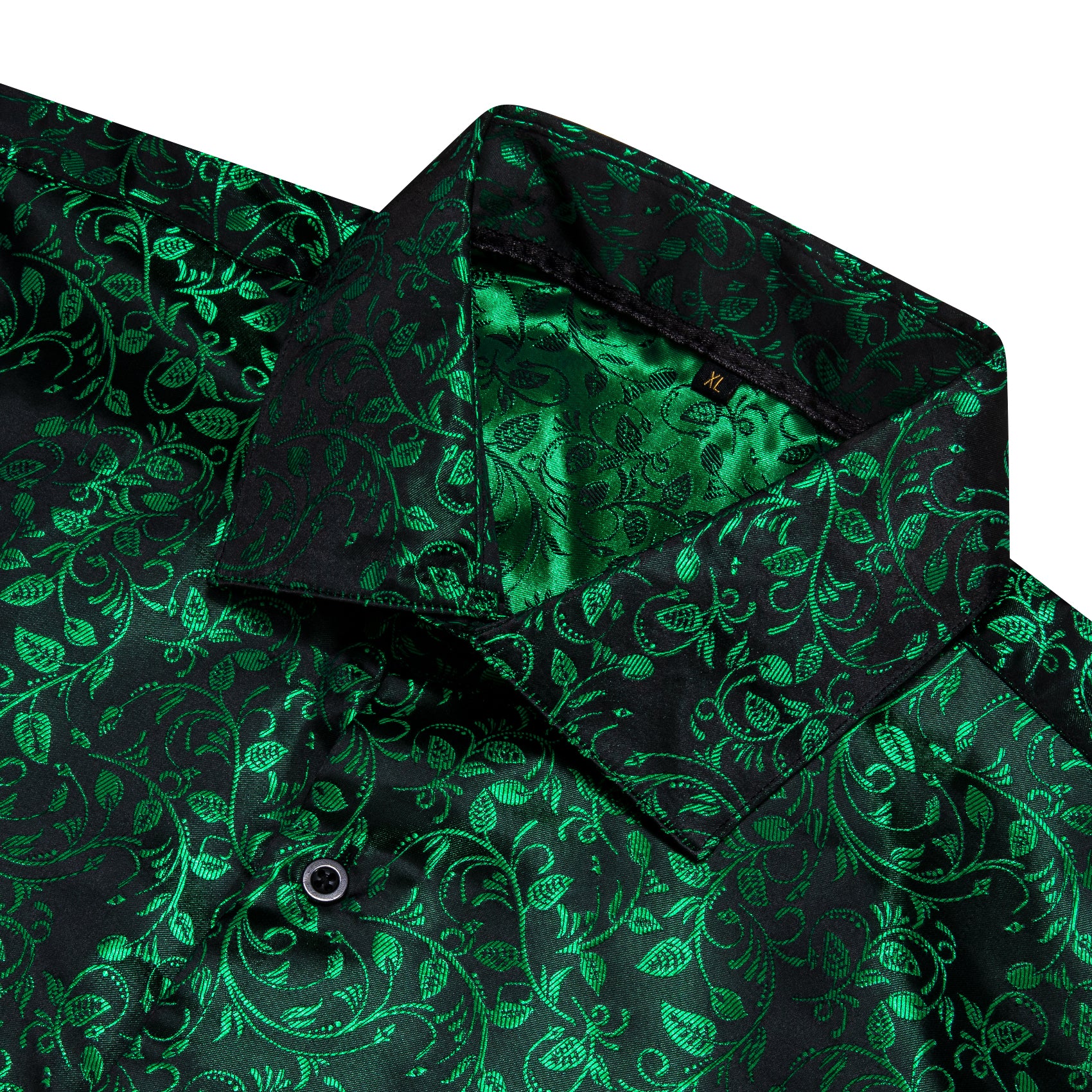 Black Green Floral Pattern Silk Men's Long Sleeve Shirt